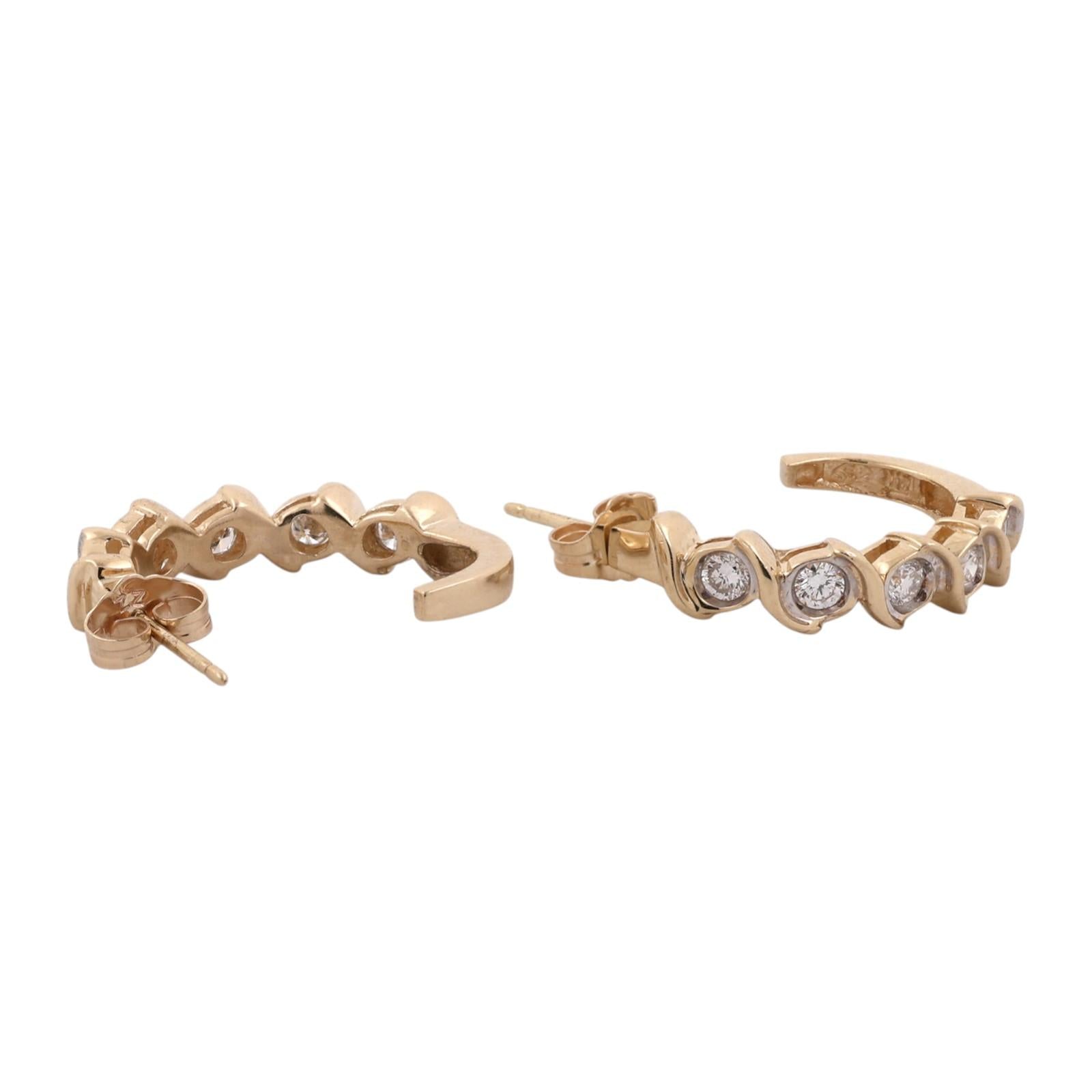 Natural Diamond J Hoop Earrings 14K Two Tone Gold 0.50 CTW Swirl 0.78"