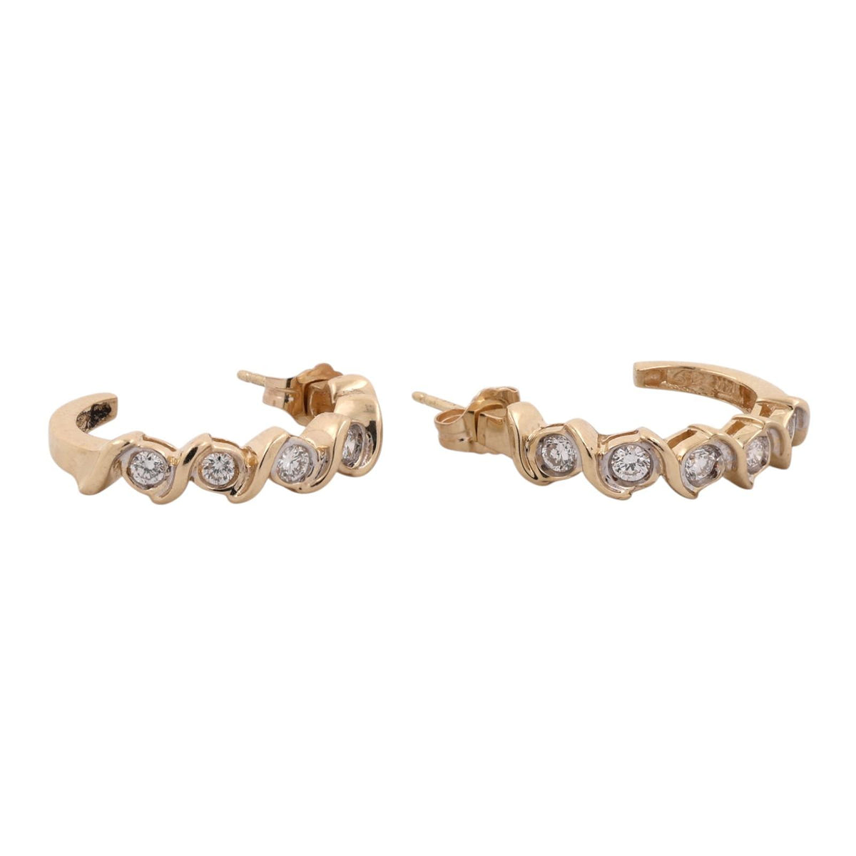 Natural Diamond J Hoop Earrings 14K Two Tone Gold 0.50 CTW Swirl 0.78"