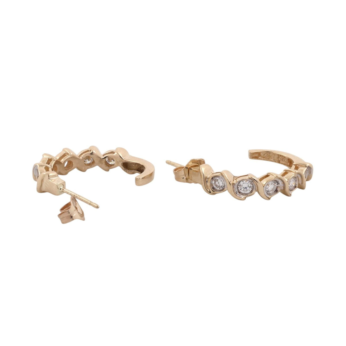 Natural Diamond J Hoop Earrings 14K Two Tone Gold 0.50 CTW Swirl 0.78"