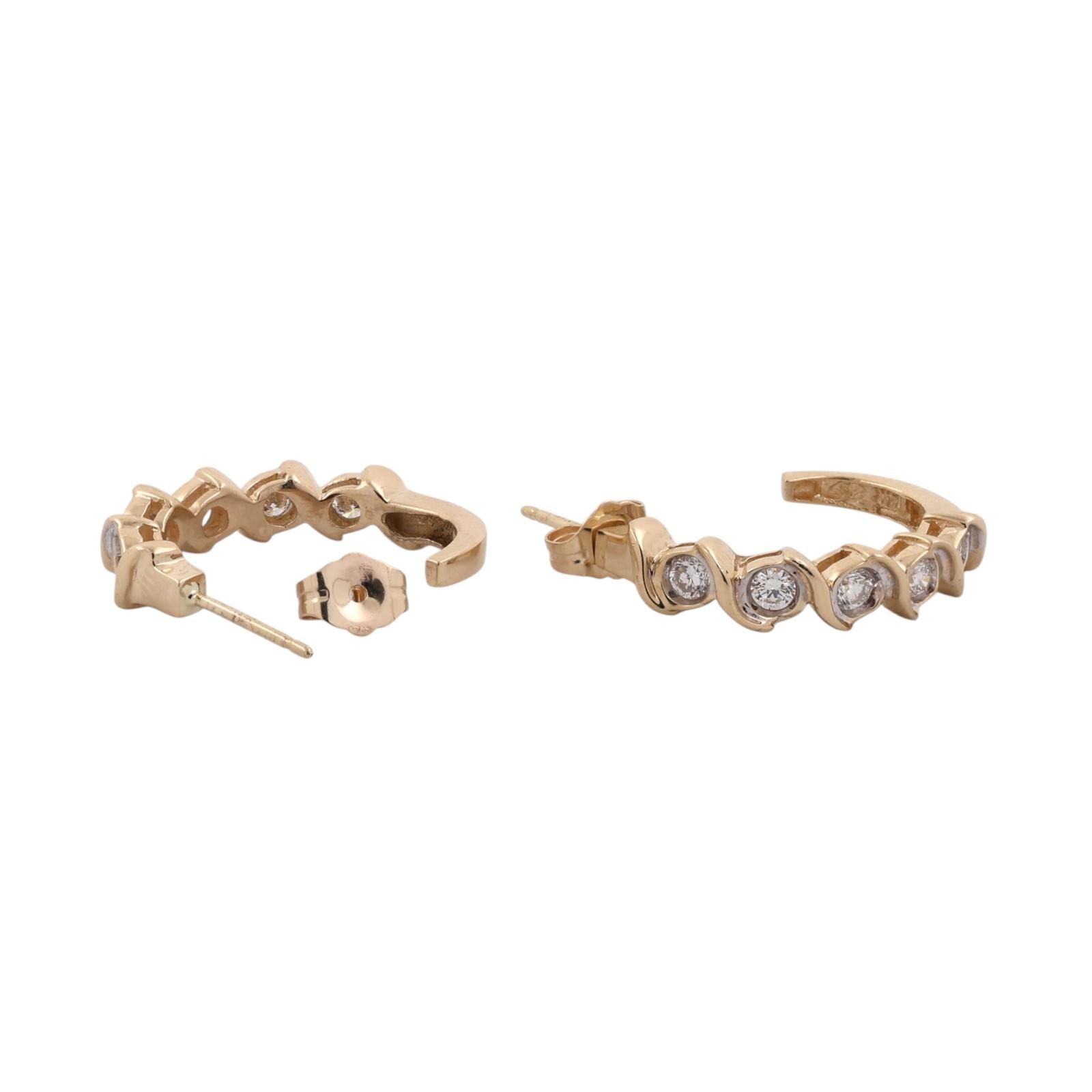 Natural Diamond J Hoop Earrings 14K Two Tone Gold 0.50 CTW Swirl 0.78"