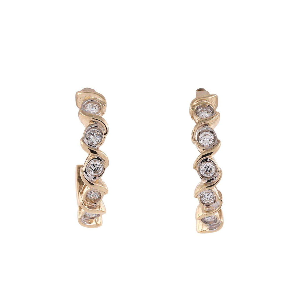 Natural Diamond J Hoop Earrings 14K Two Tone Gold 0.50 CTW Swirl 0.78"
