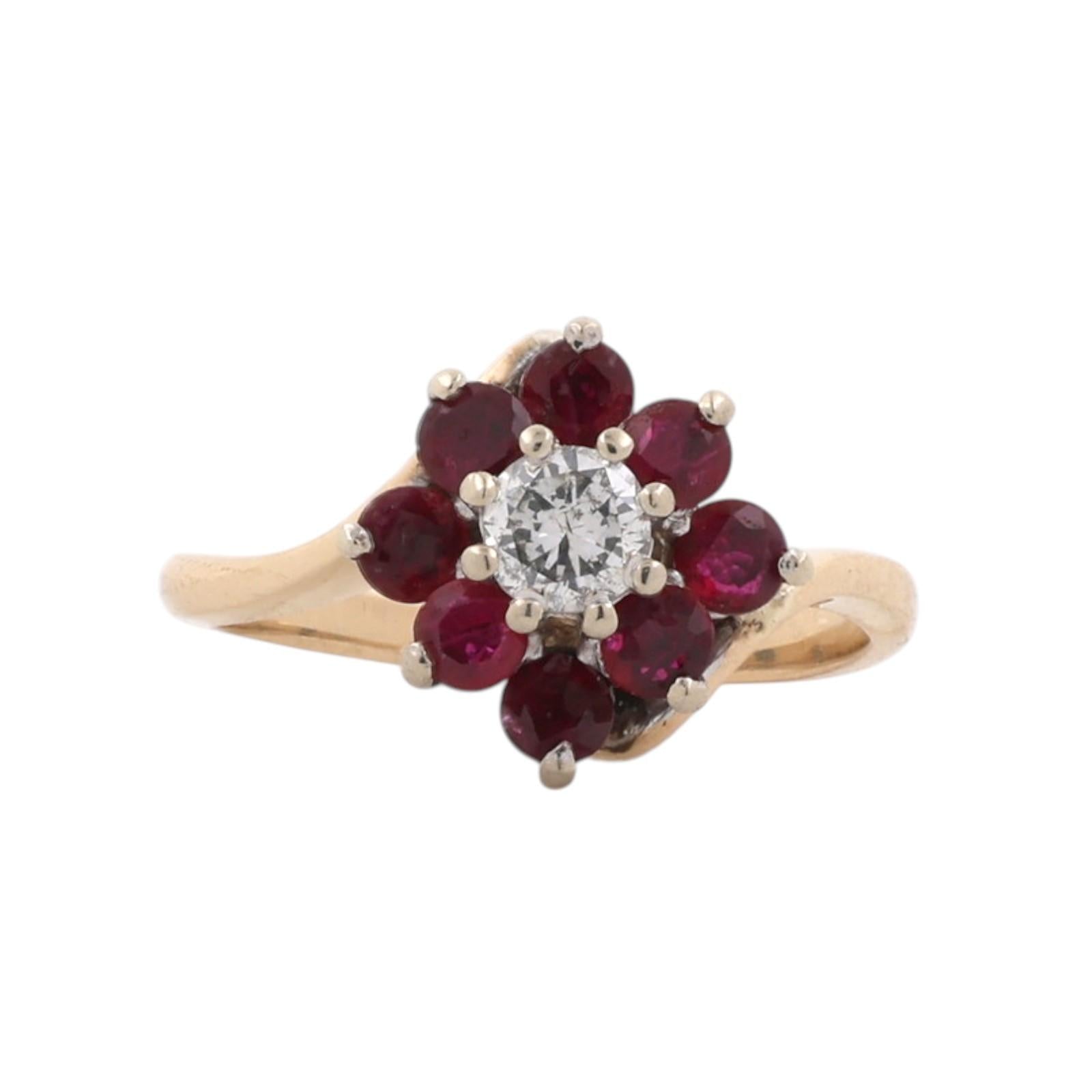 Natural Ruby Diamond Floral Bypass Ring Yellow Gold 1.11 CTW Size 6.75