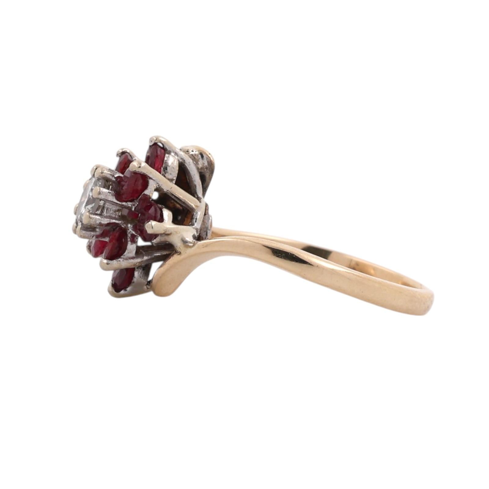 Natural Ruby Diamond Floral Bypass Ring Yellow Gold 1.11 CTW Size 6.75