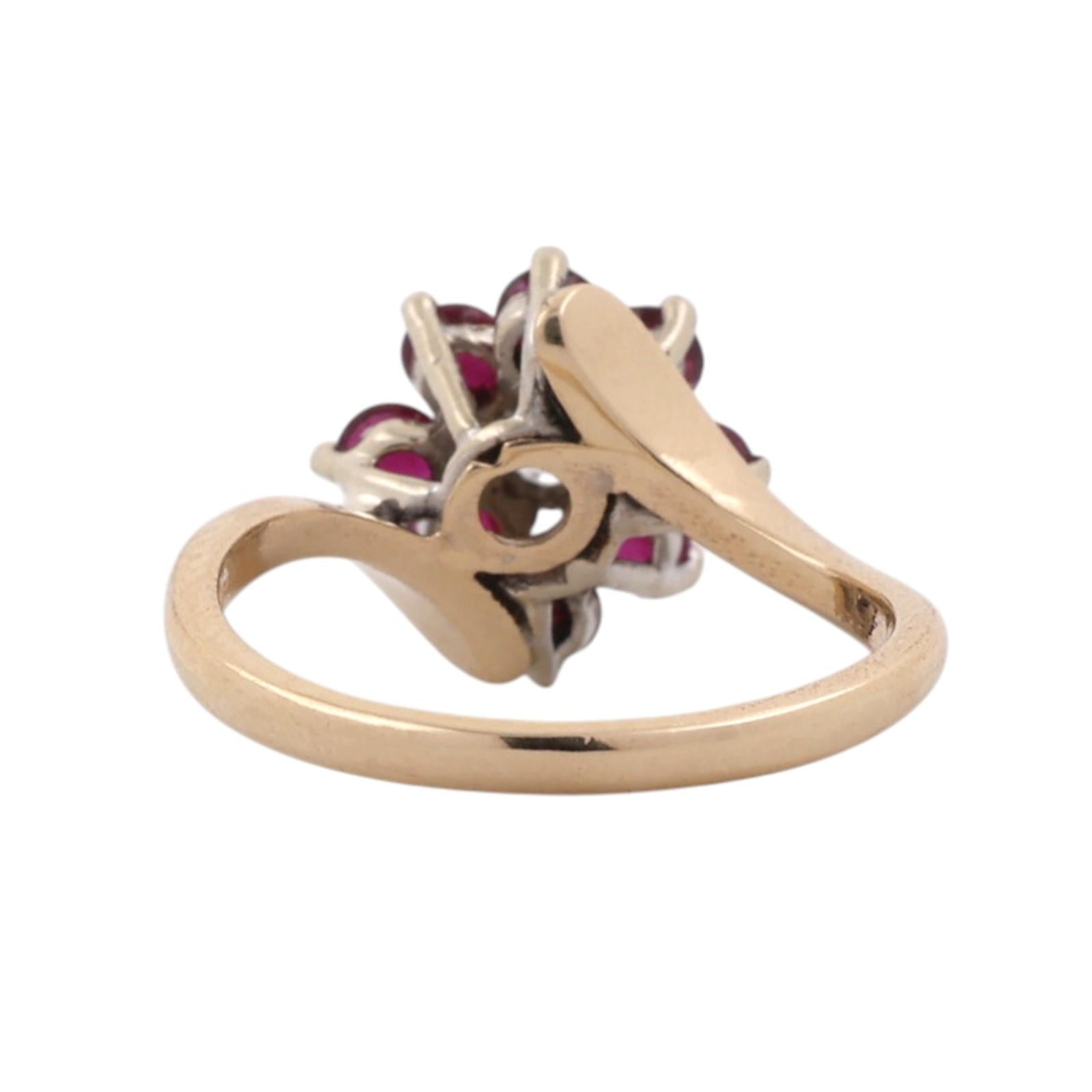 Natural Ruby Diamond Floral Bypass Ring Yellow Gold 1.11 CTW Size 6.75