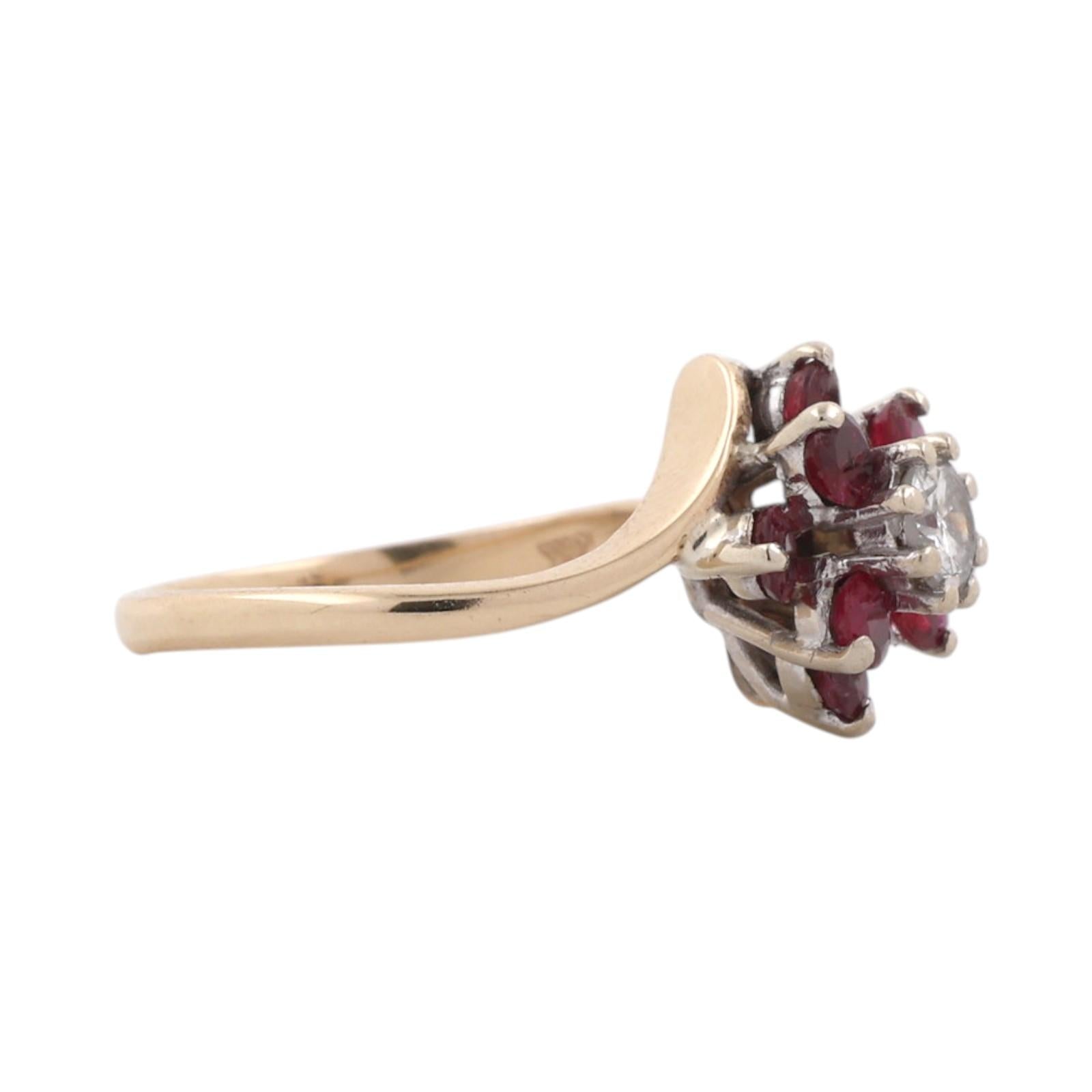 Natural Ruby Diamond Floral Bypass Ring Yellow Gold 1.11 CTW Size 6.75