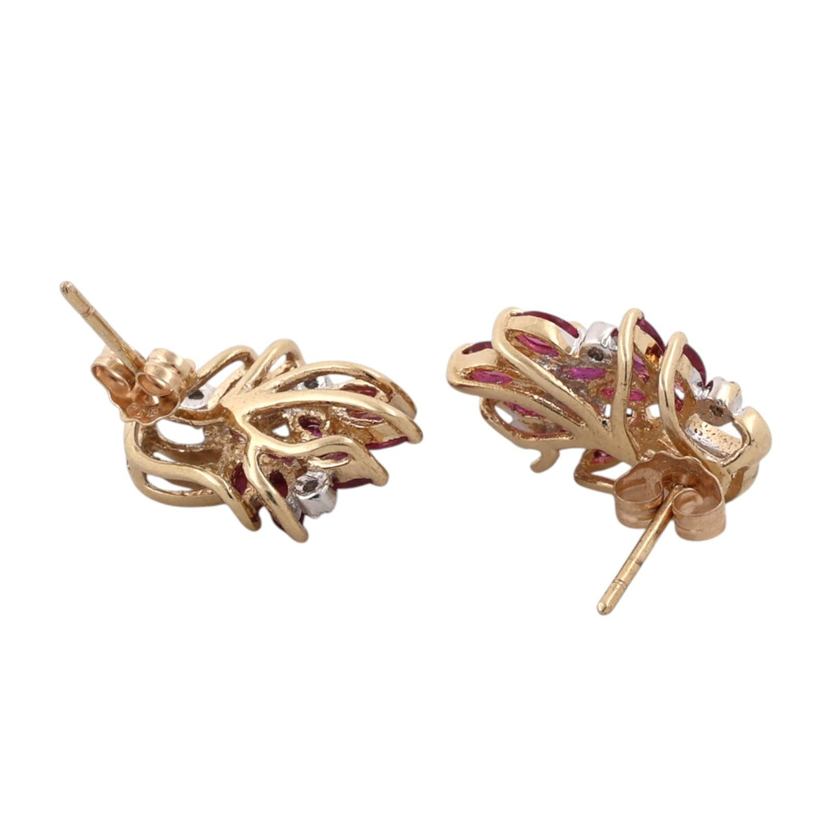Natural Ruby Diamond Marquise Cluster Earrings 14K Two Tone White Gold Estate