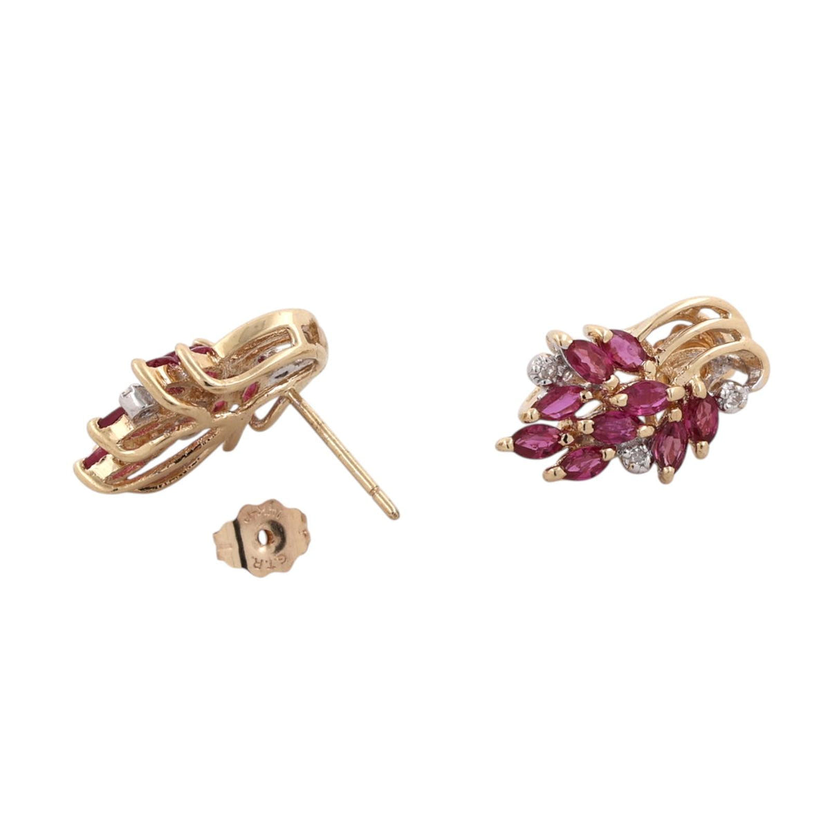 Natural Ruby Diamond Marquise Cluster Earrings 14K Two Tone White Gold Estate