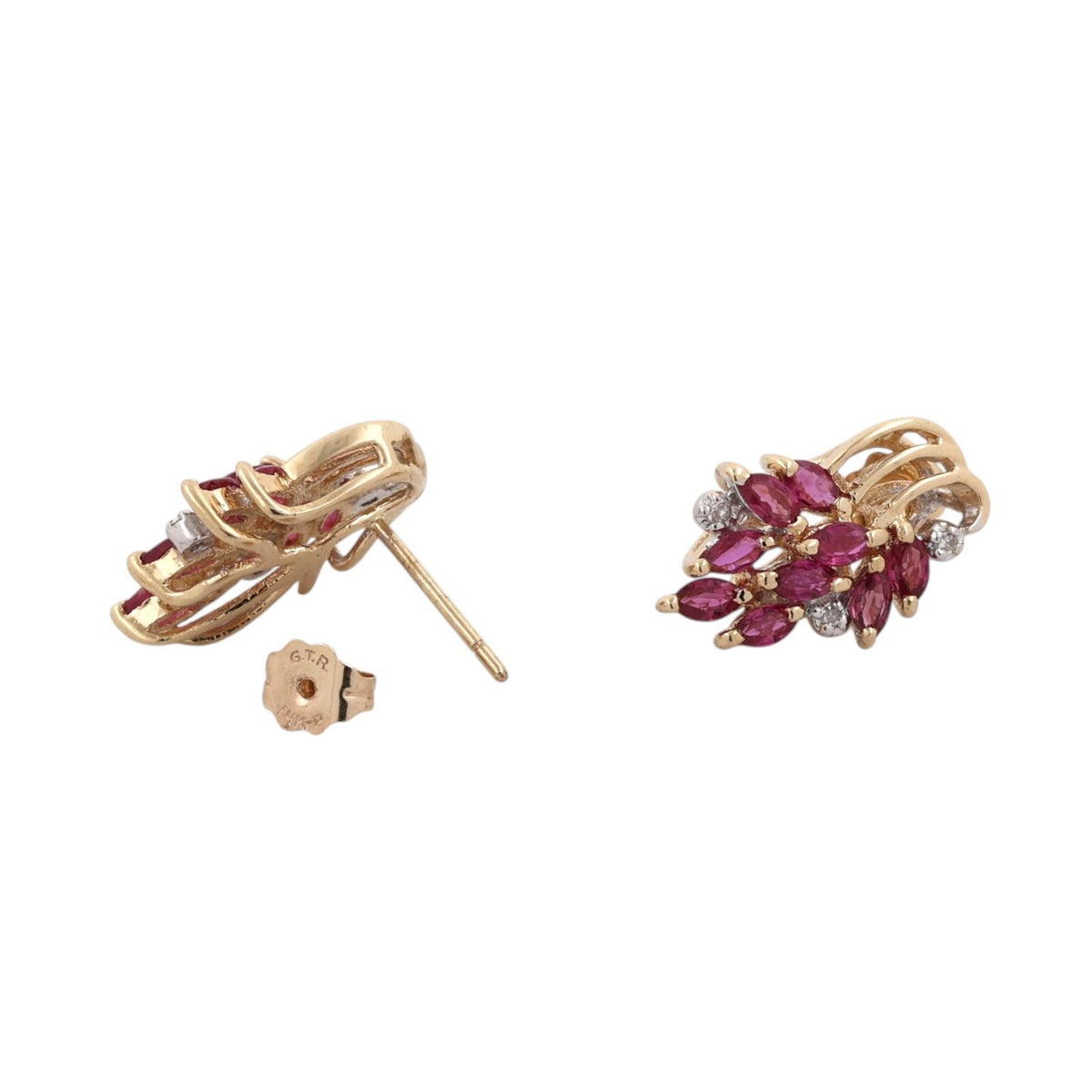 Natural Ruby Diamond Marquise Cluster Earrings 14K Two Tone White Gold Estate