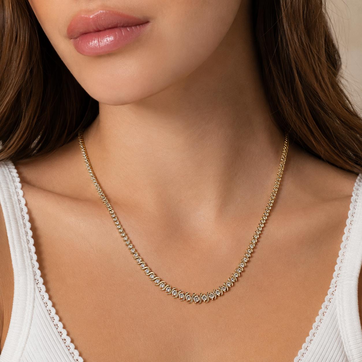 14K Yellow Gold 3.25 CTW Natural Diamond S Link Tennis Necklace 15.75" 32.6g
