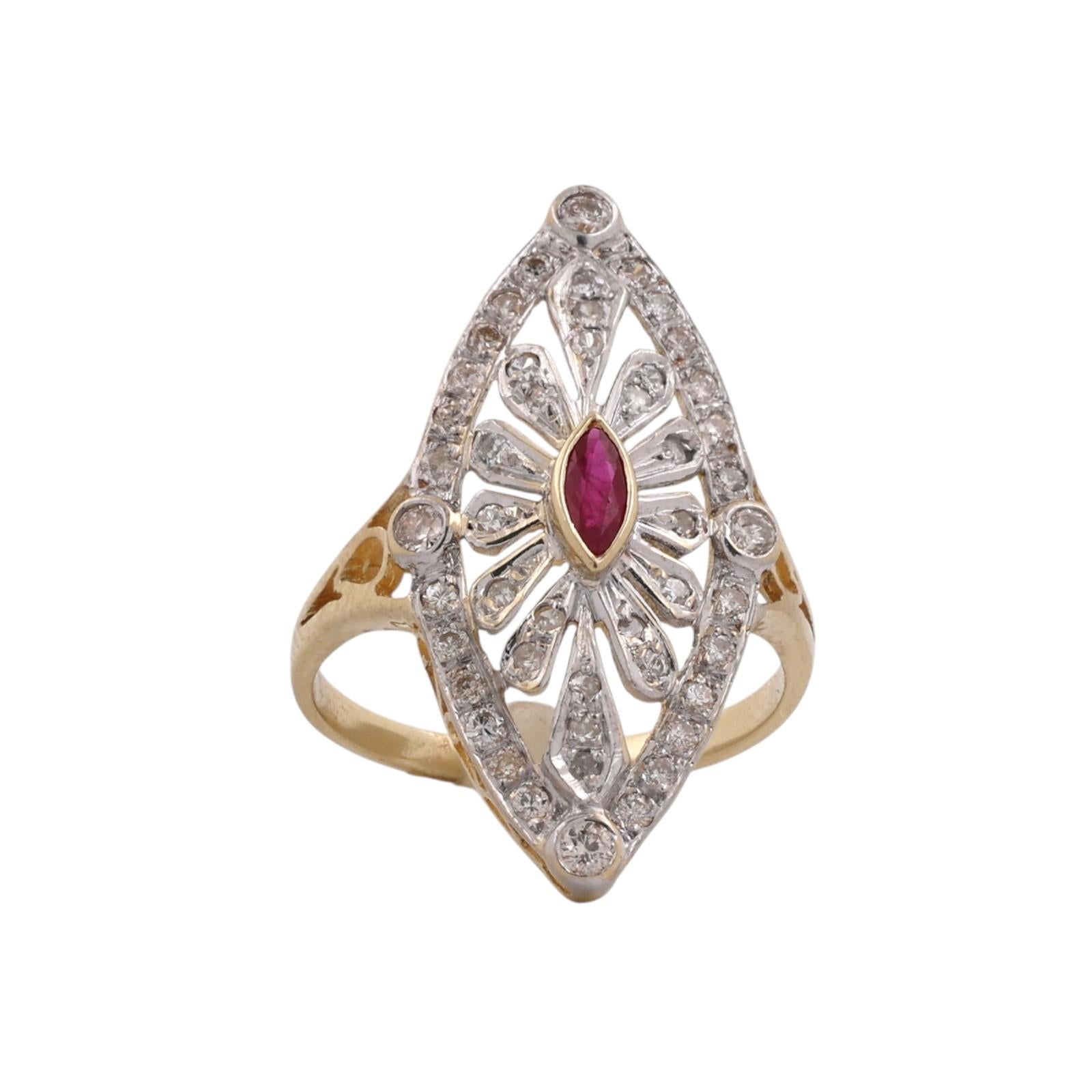 Natural Ruby Diamond Navette Ring 14K Two Tone Gold 0.64 CTW Size 6.5