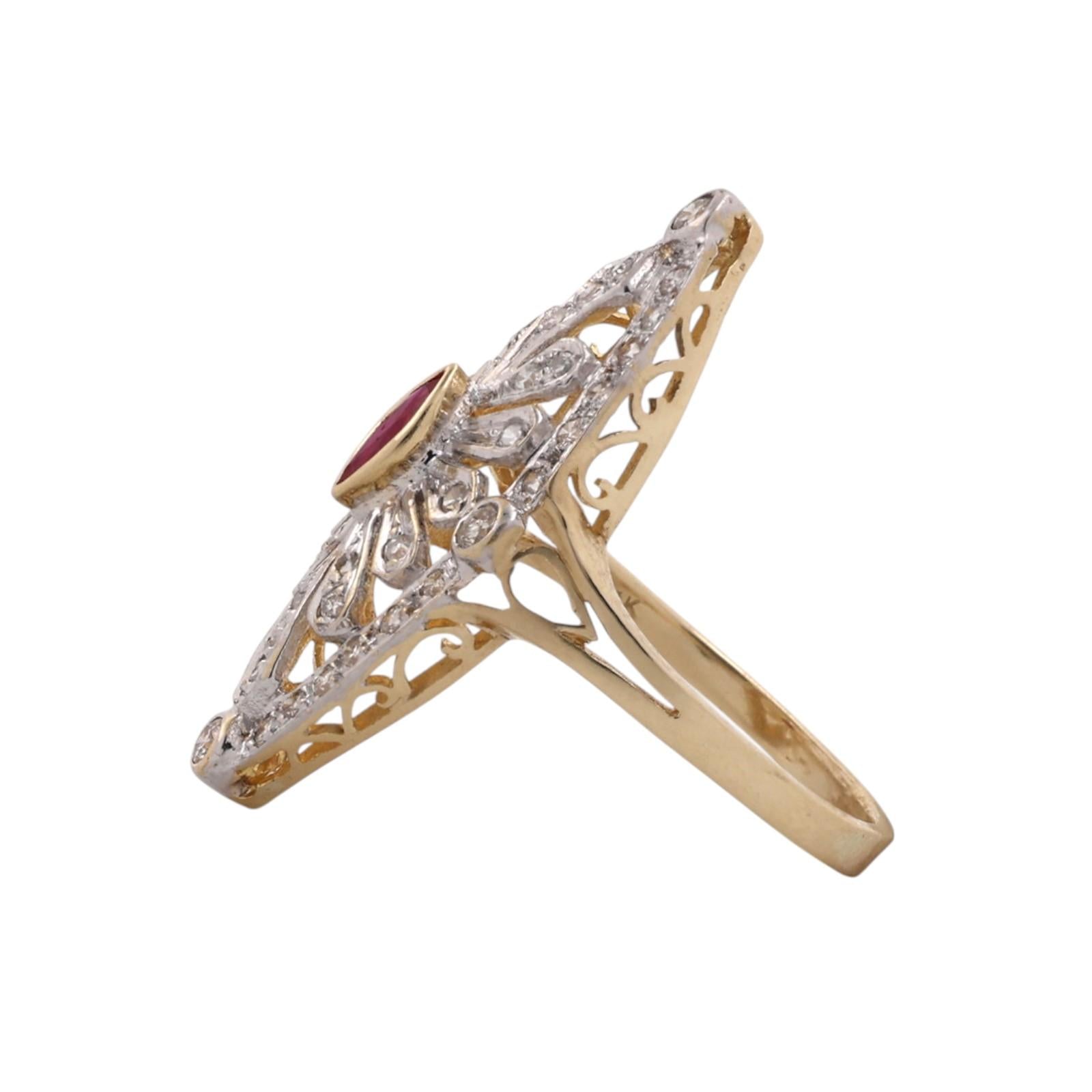 Natural Ruby Diamond Navette Ring 14K Two Tone Gold 0.64 CTW Size 6.5