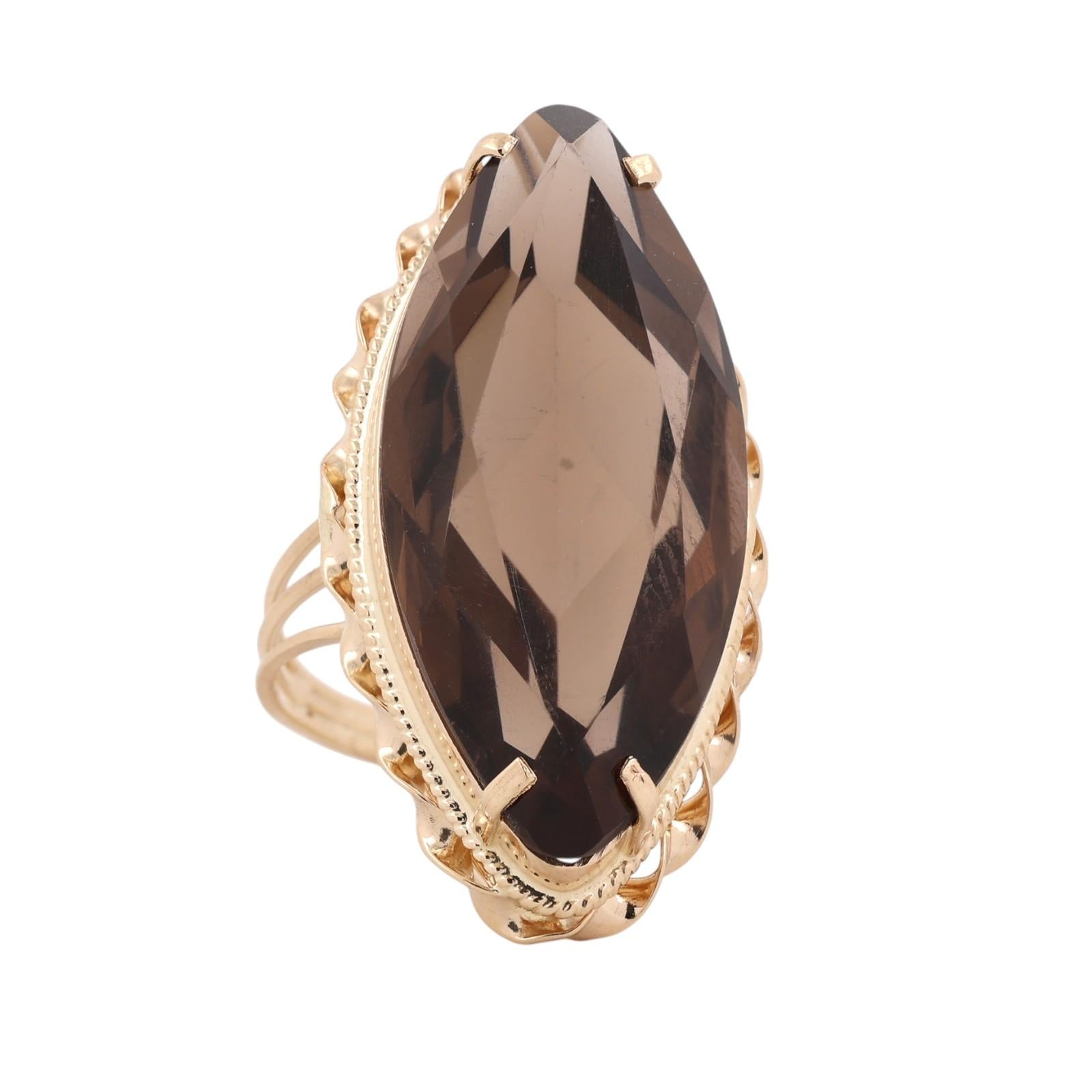 26 CT Marquise Smoky Quartz Cocktail Statement Ring 14K Yellow Gold Size 7.25