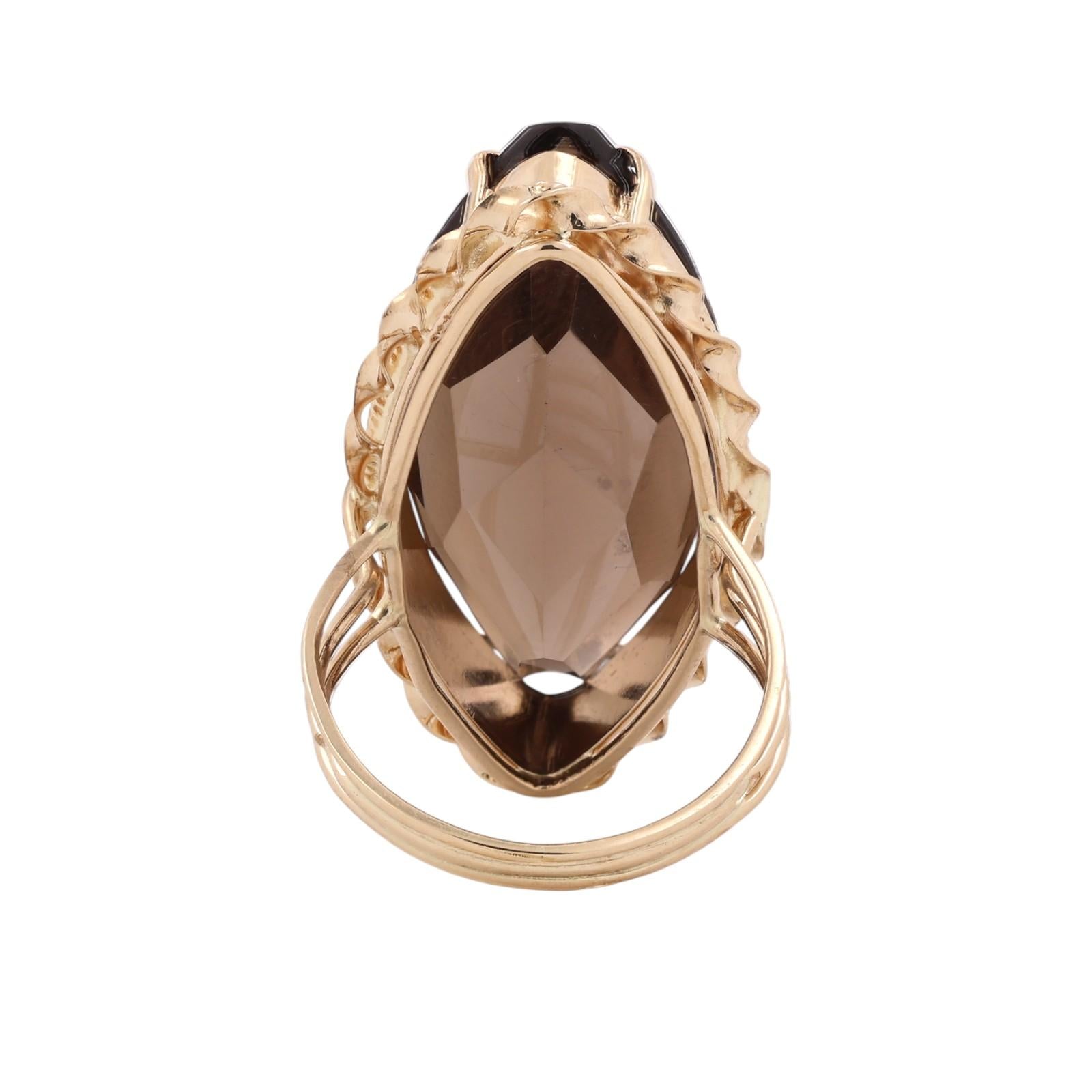 26 CT Marquise Smoky Quartz Cocktail Statement Ring 14K Yellow Gold Size 7.25