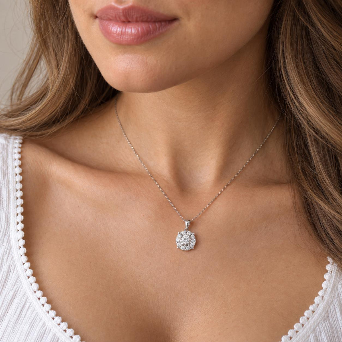 Natural Diamond Halo Cluster Pendant White Gold 0.90 CTW 11.5mm