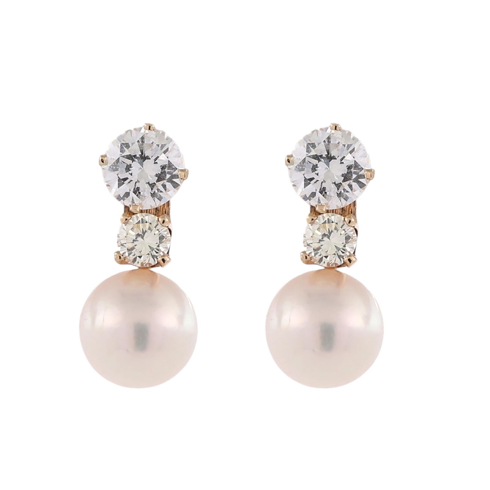 Akoya Pearl Natural Diamond Earring Jackets Yellow Gold 0.35 CTW Vintage