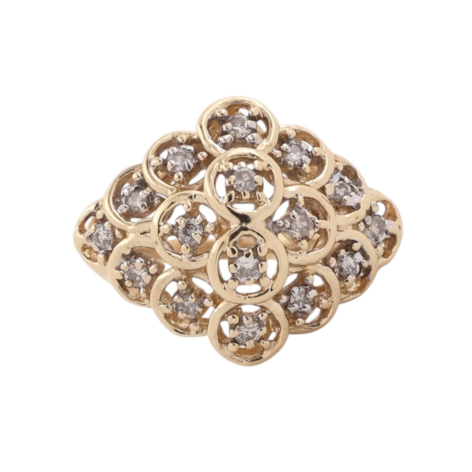 Vintage 18K Yellow Gold Natural Diamond Floral Cluster Cocktail Ring Size 7
