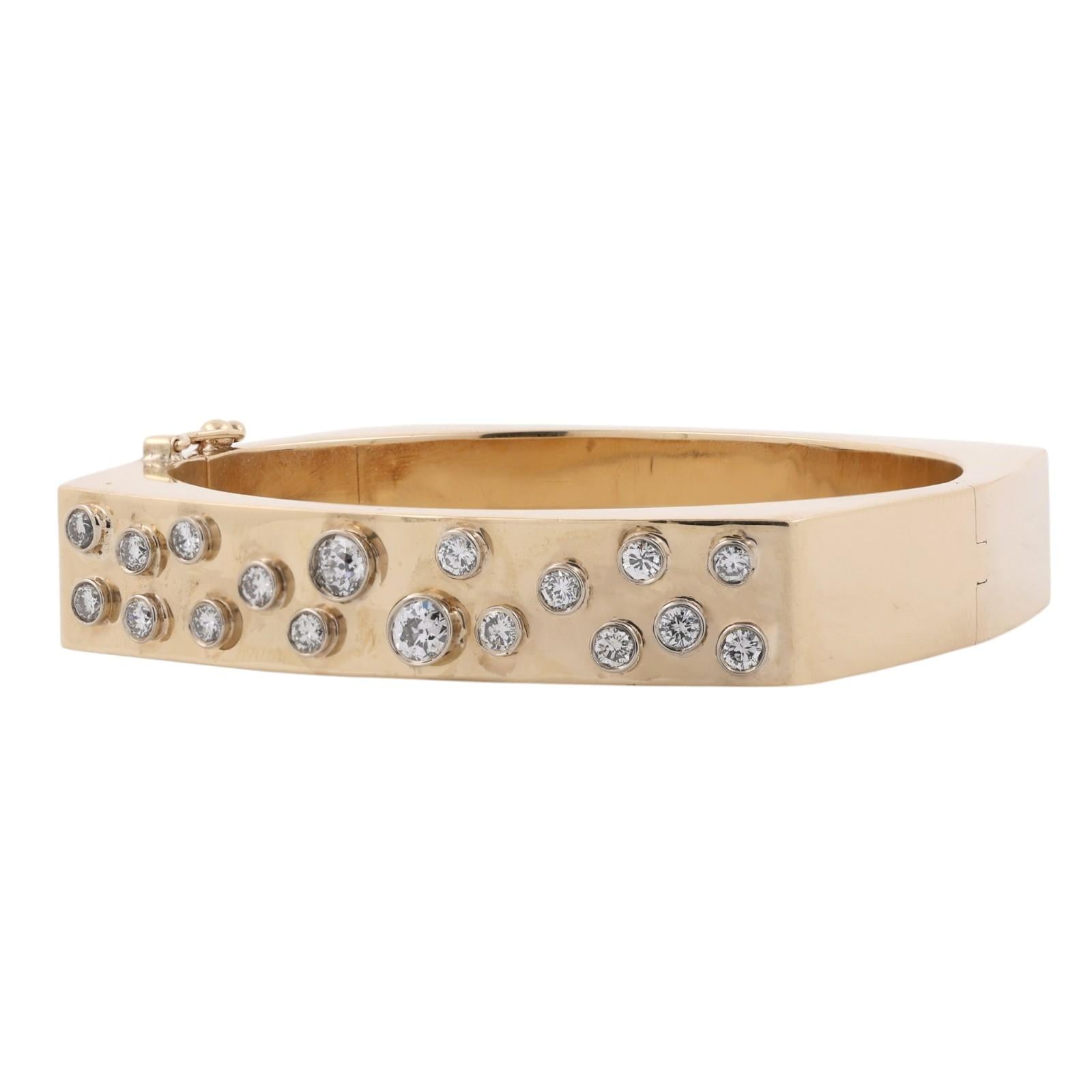 1.50 CTW Natural Diamond 14K Yellow Gold Bezel Set Hinged Bangle Bracelet 25.2g