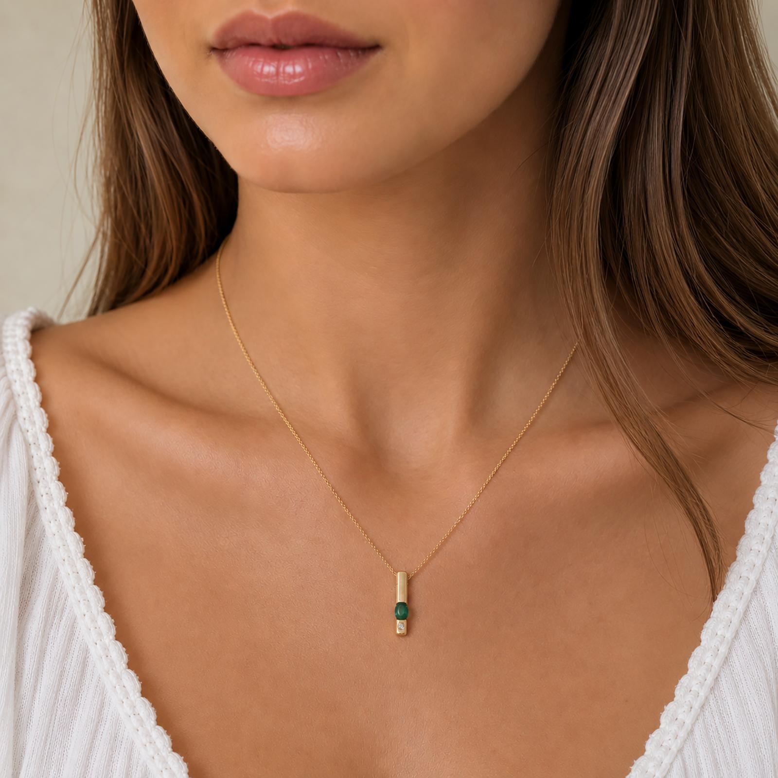 14K Gold Emerald Diamond Pendant 0.19CTW Oval Emerald Minimalist Estate Charm