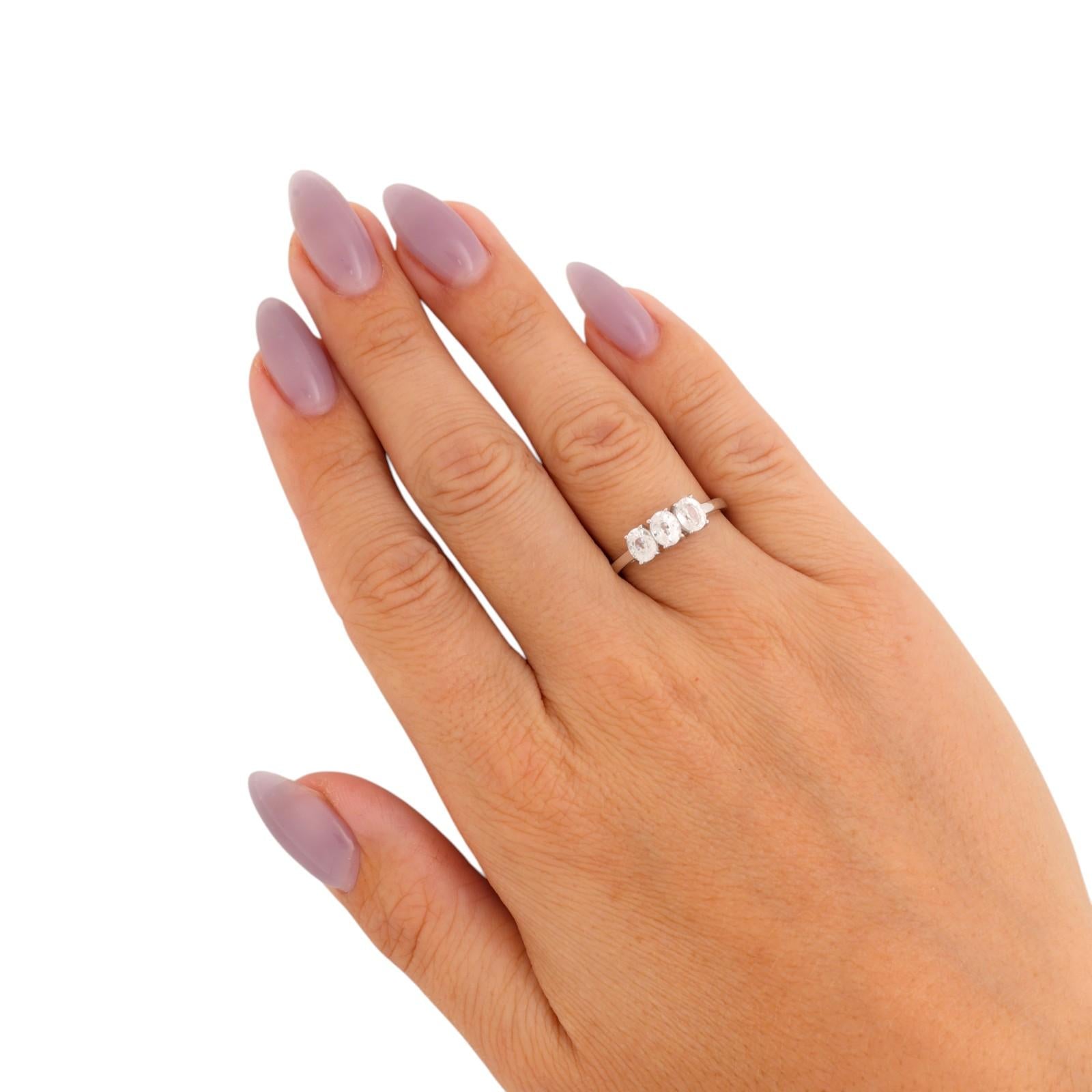 White Topaz 3 Stone Ring 10K White Gold 1.20 CTW Oval Gems Size 7.25