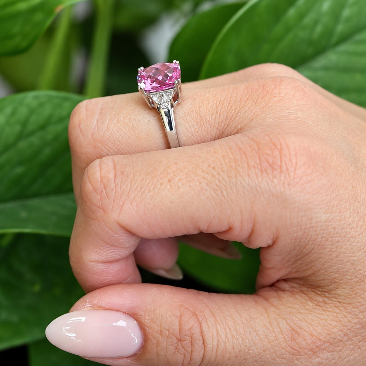 Pink Sapphire Diamond Cocktail Ring 10K White Gold 6.25 CTW Lab Grown Size 7.25