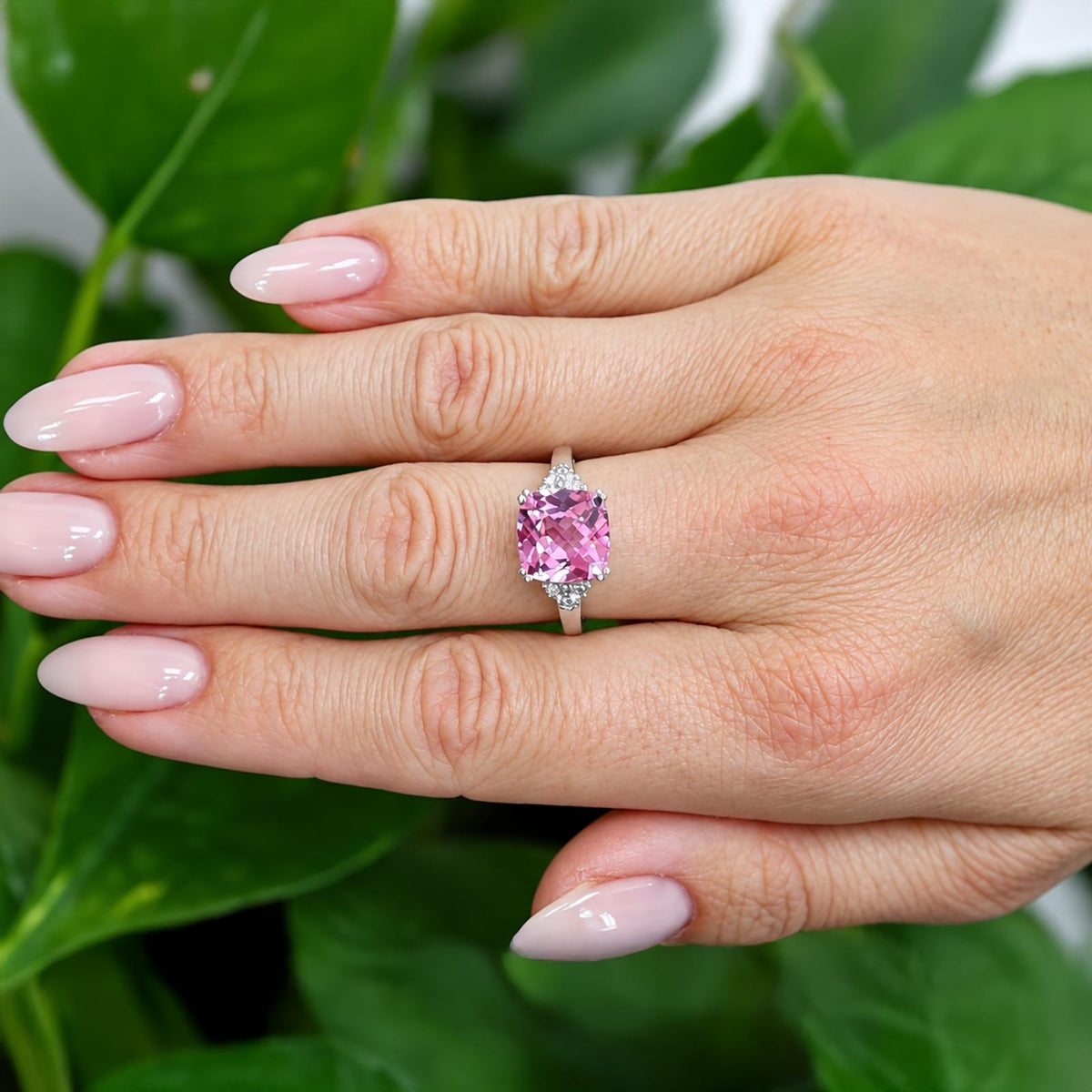 Pink Sapphire Diamond Cocktail Ring 10K White Gold 6.25 CTW Lab Grown Size 7.25