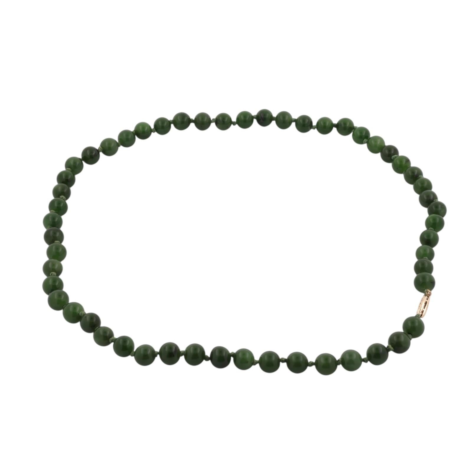 Vintage Nephrite Jade Bead Necklace 14K Yellow Gold Filigree Clasp 20" 53 Beads