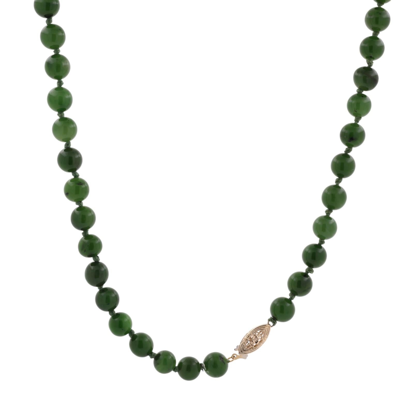 Vintage Nephrite Jade Bead Necklace 14K Yellow Gold Filigree Clasp 20" 53 Beads