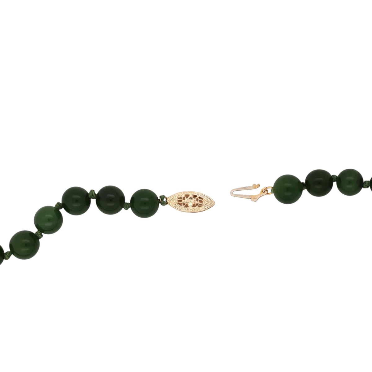 Vintage Nephrite Jade Bead Necklace 14K Yellow Gold Filigree Clasp 20" 53 Beads