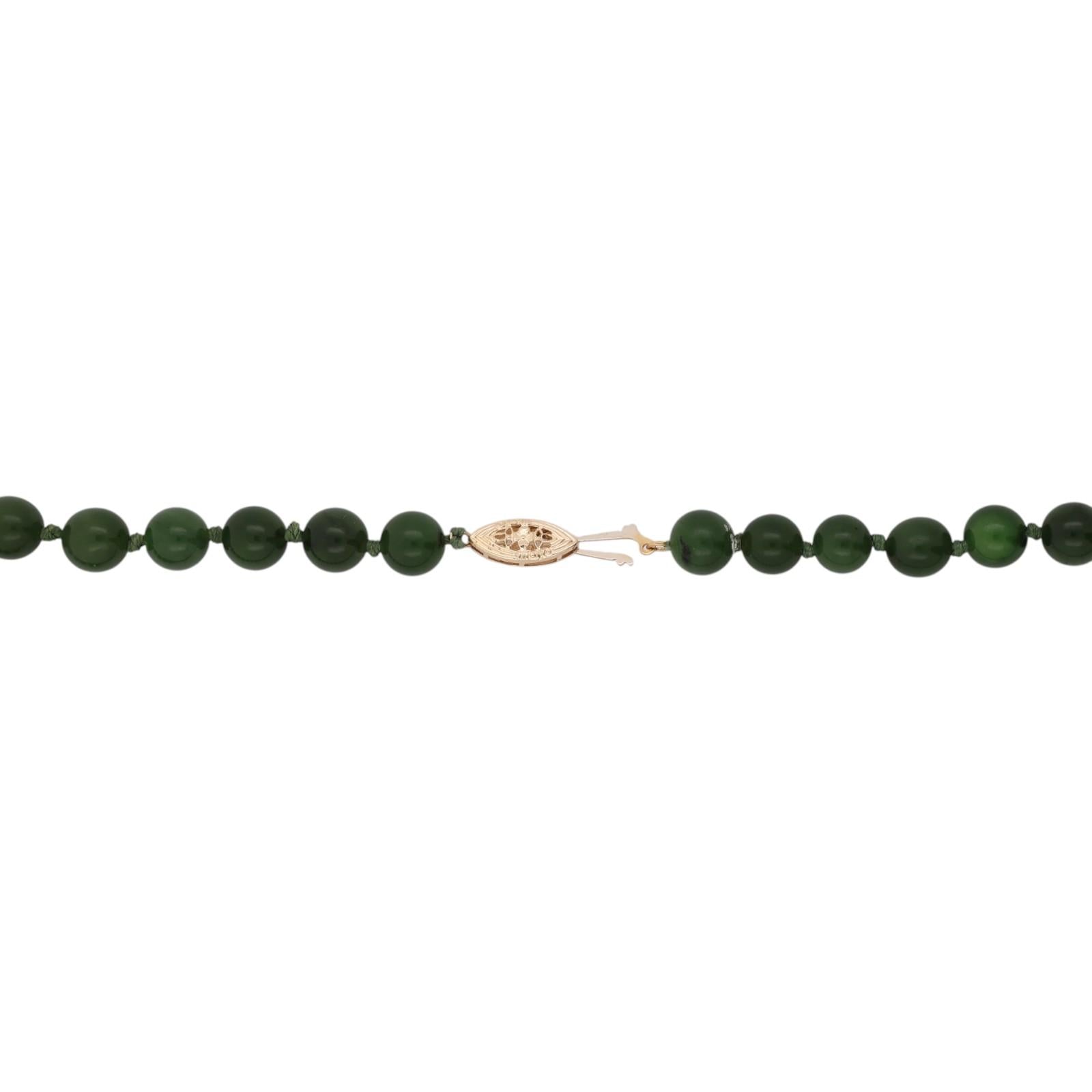 Vintage Nephrite Jade Bead Necklace 14K Yellow Gold Filigree Clasp 20" 53 Beads
