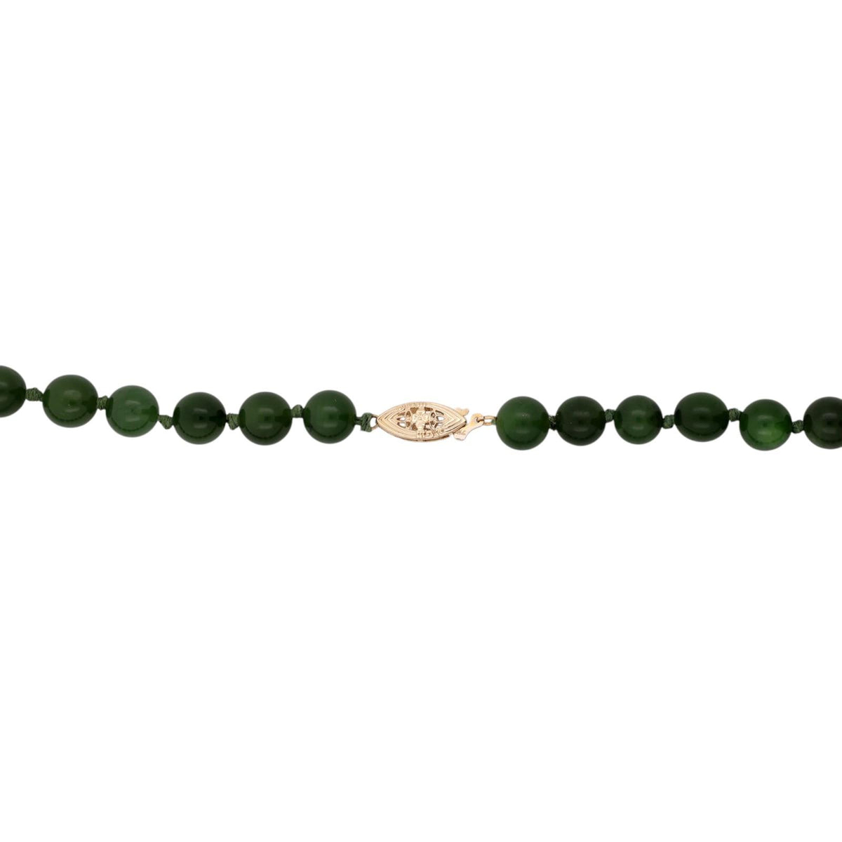 Vintage Nephrite Jade Bead Necklace 14K Yellow Gold Filigree Clasp 20" 53 Beads