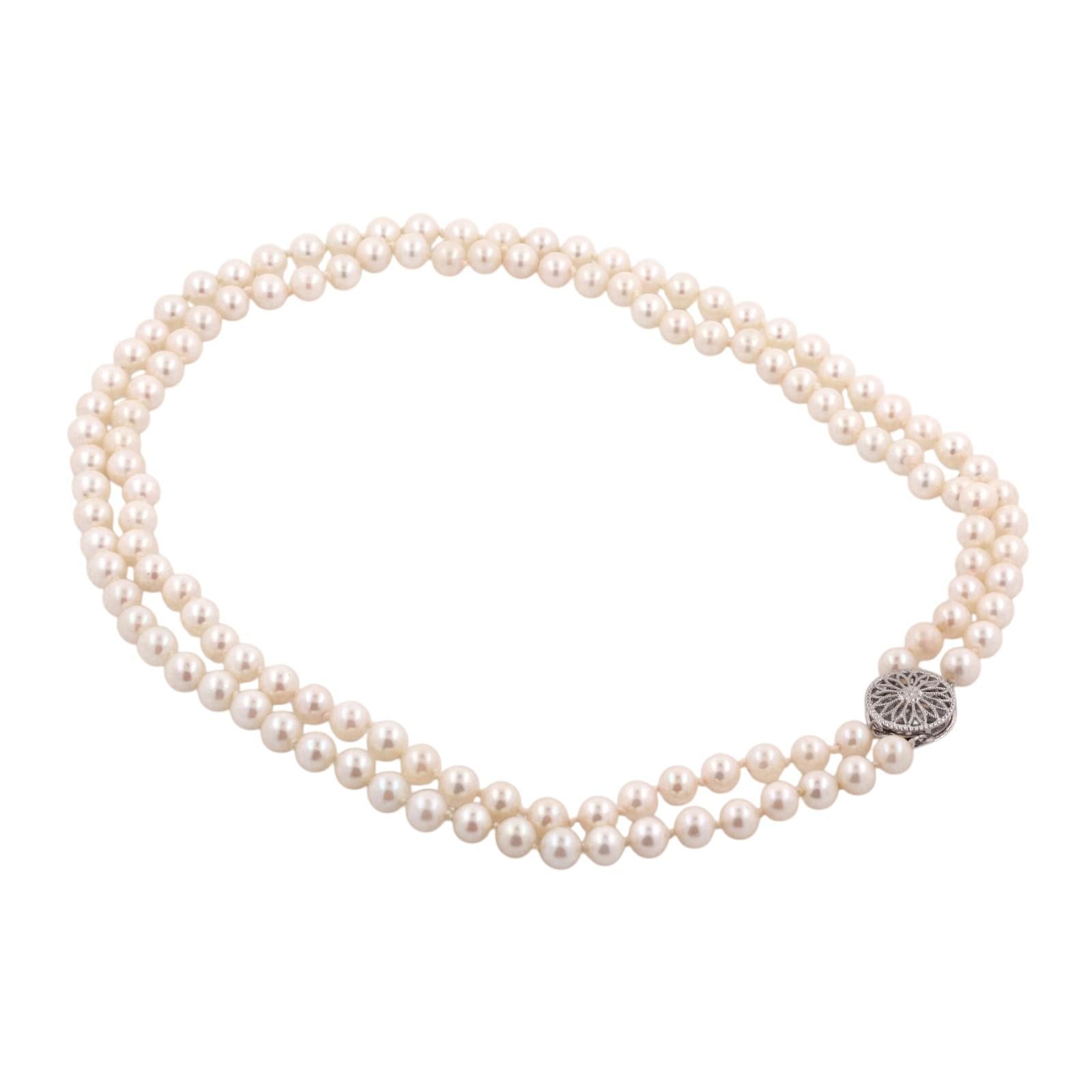 Akoya Cultured Pearl Double Strand Necklace 14K White Gold Filigree Clasp 17.25"