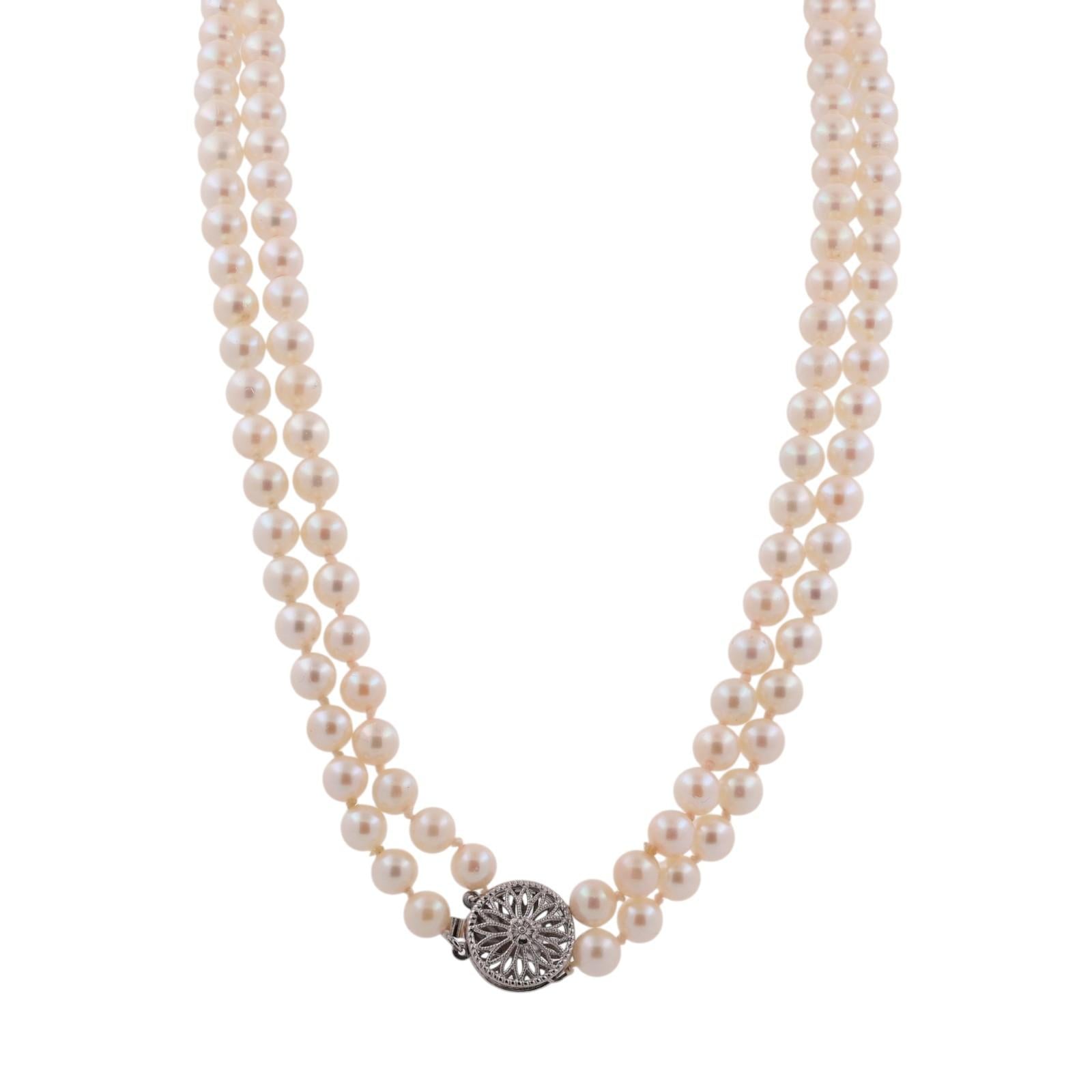 Akoya Cultured Pearl Double Strand Necklace 14K White Gold Filigree Clasp 17.25"