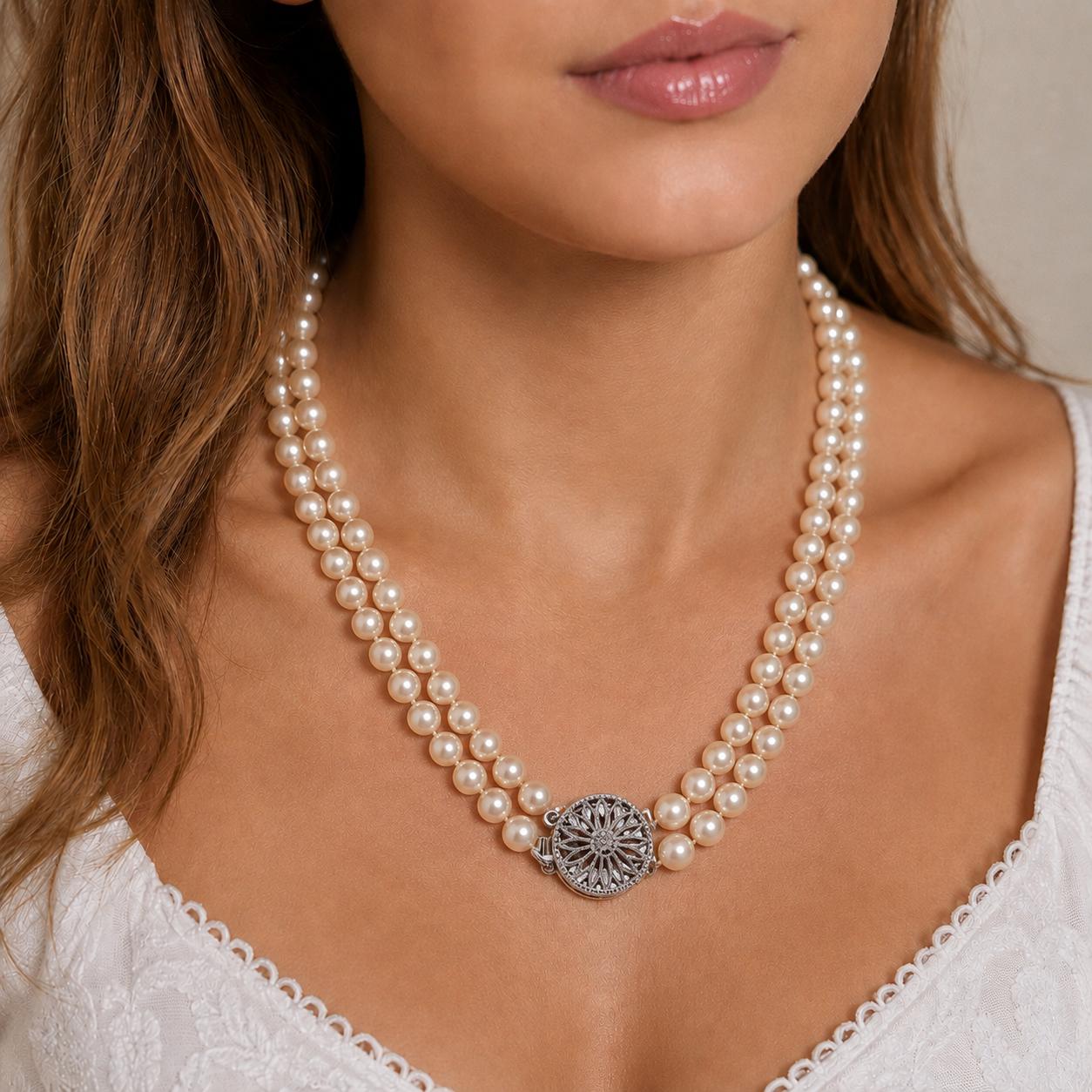 Akoya Cultured Pearl Double Strand Necklace 14K White Gold Filigree Clasp 17.25"