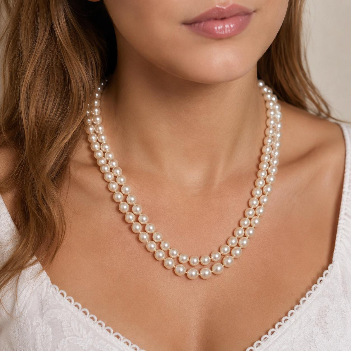 Akoya Cultured Pearl Double Strand Necklace 14K White Gold Filigree Clasp 17.25"