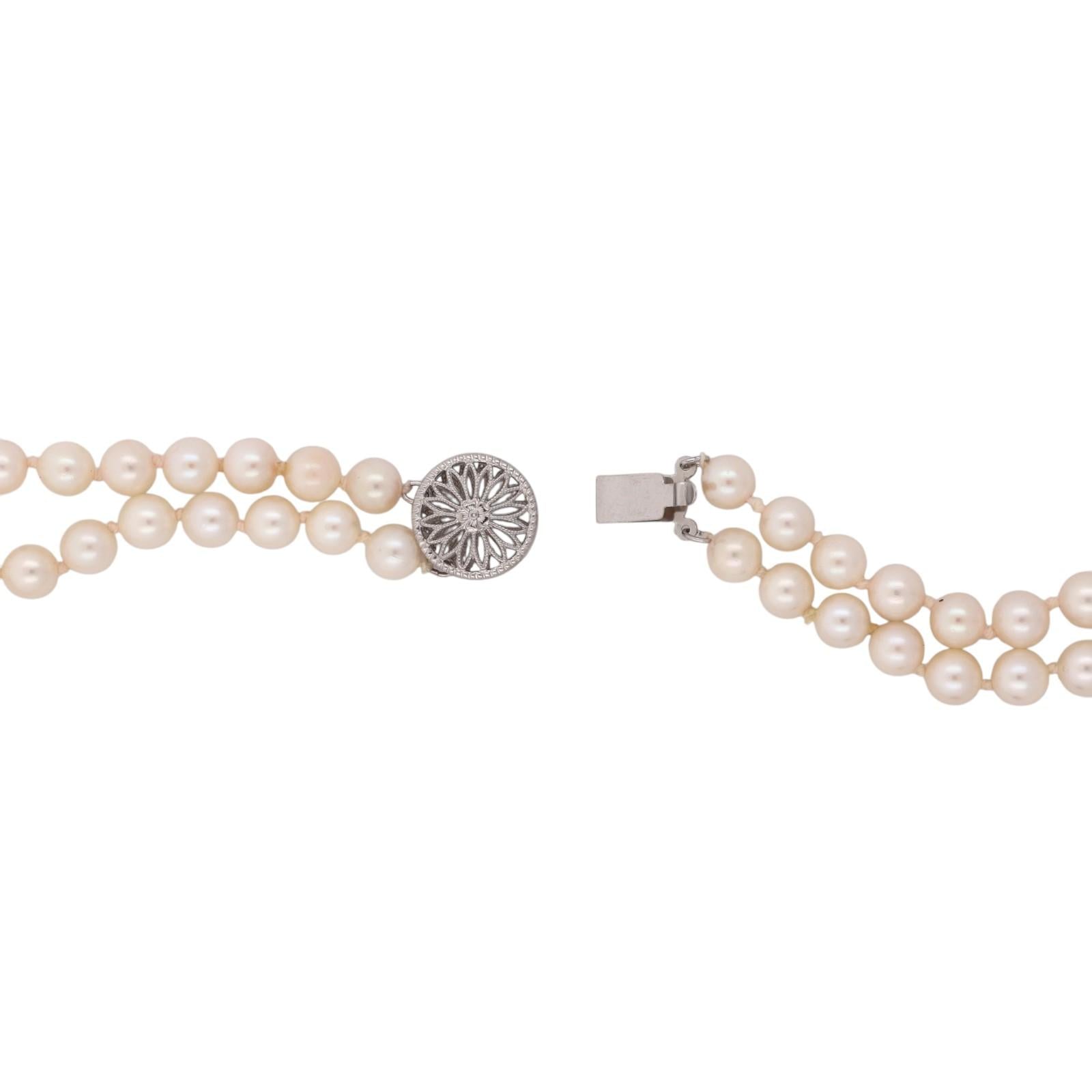 Akoya Cultured Pearl Double Strand Necklace 14K White Gold Filigree Clasp 17.25"