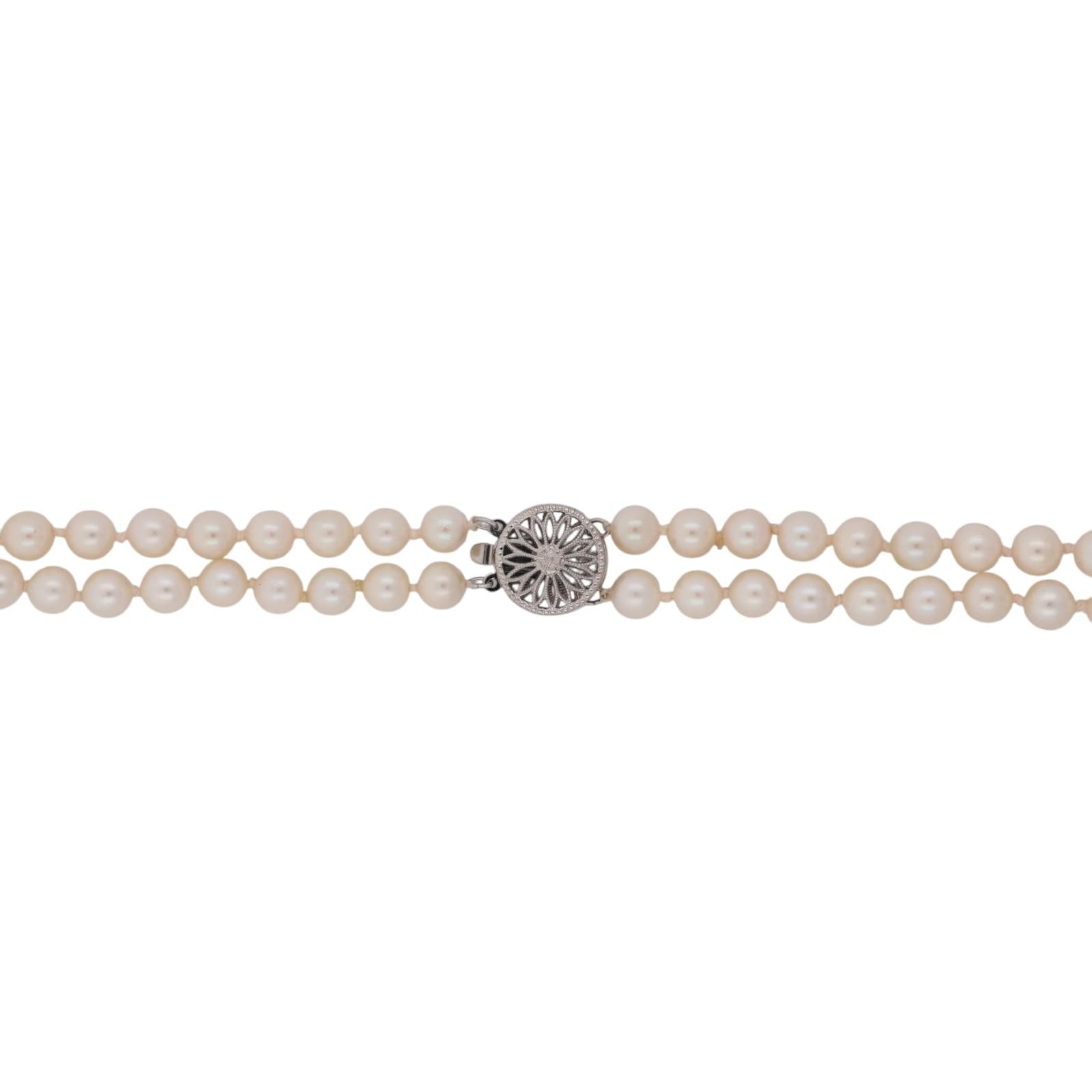 Akoya Cultured Pearl Double Strand Necklace 14K White Gold Filigree Clasp 17.25"