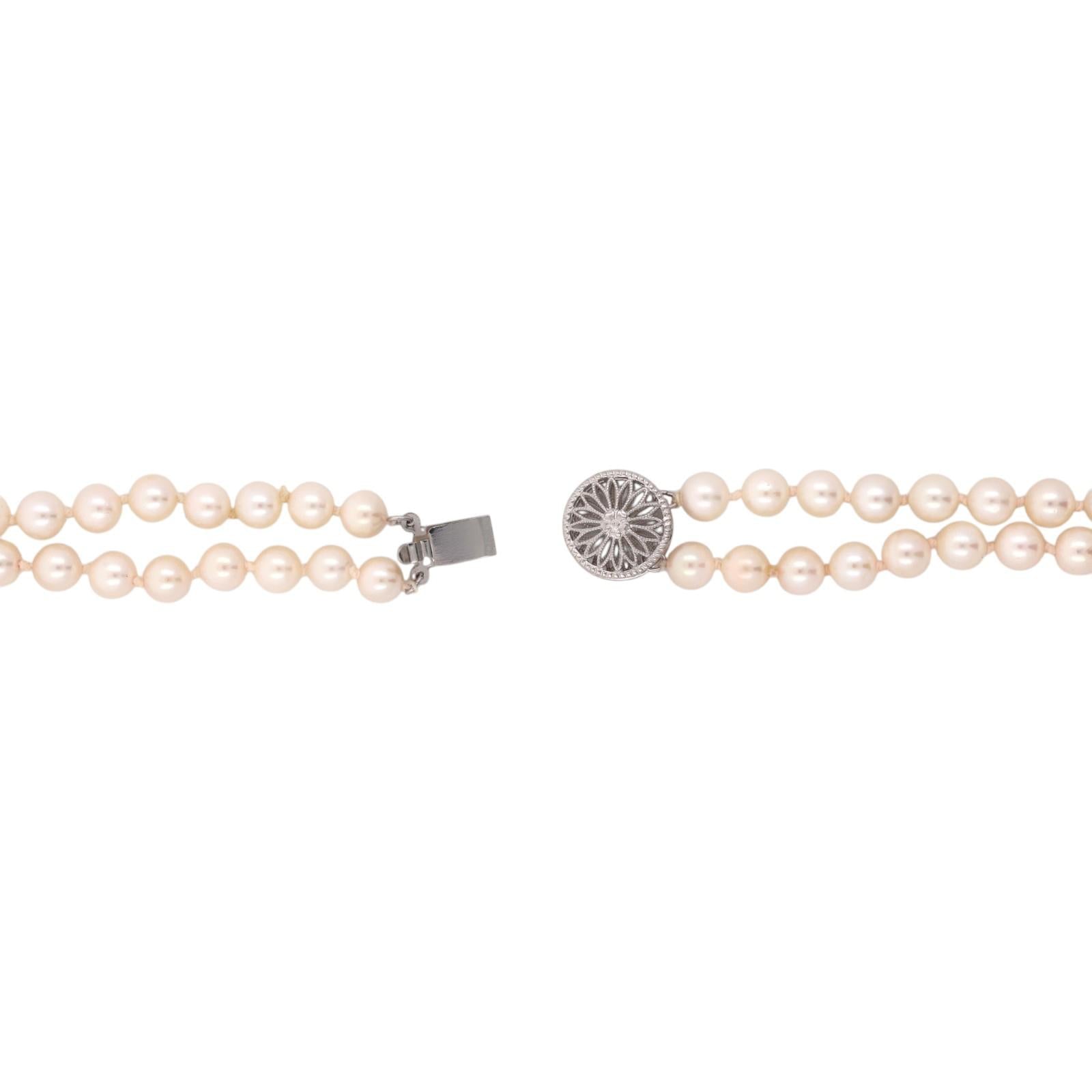 Akoya Cultured Pearl Double Strand Necklace 14K White Gold Filigree Clasp 17.25"