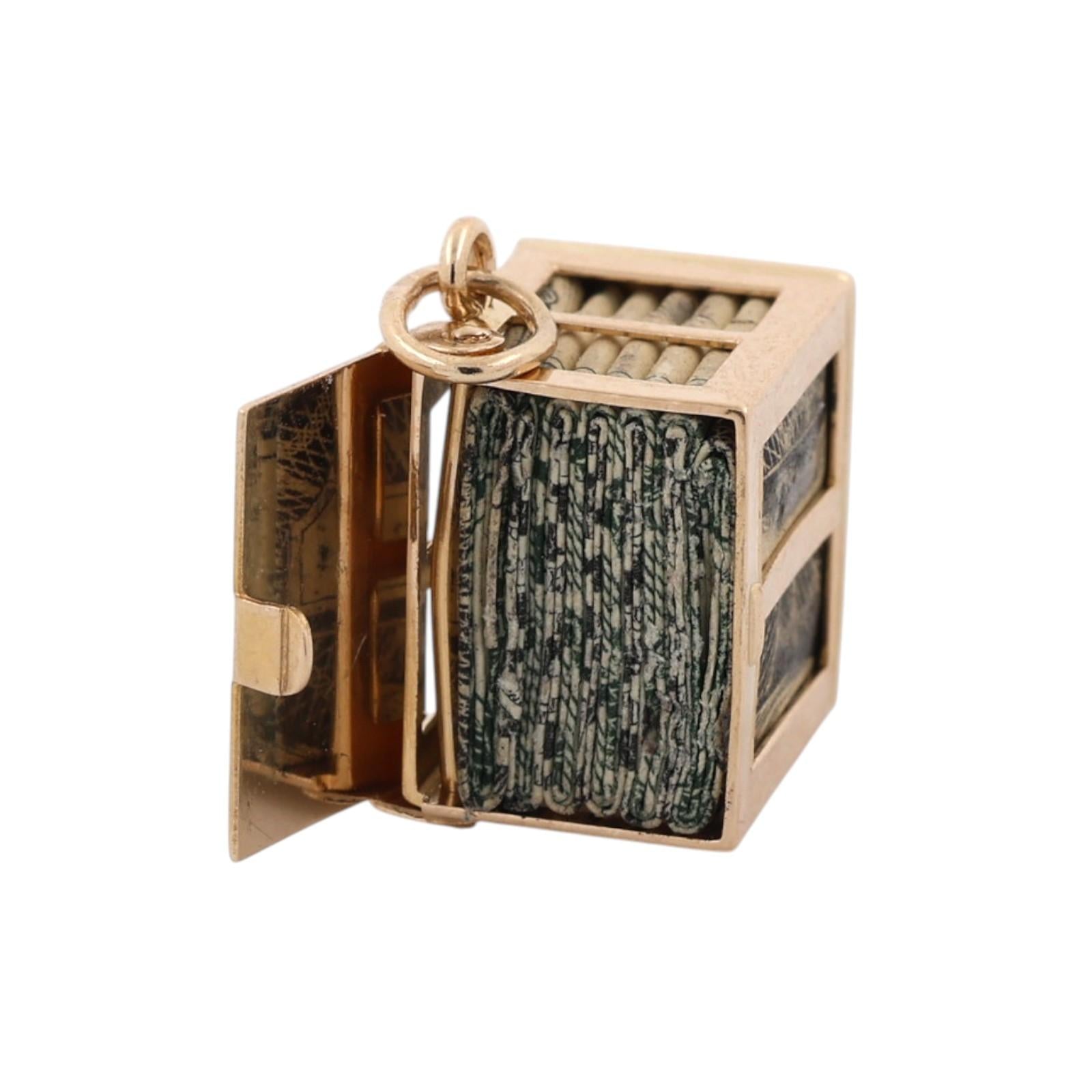Vintage 14K Yellow Gold Mad Money Dollar Bill Cube Box Charm Pendant