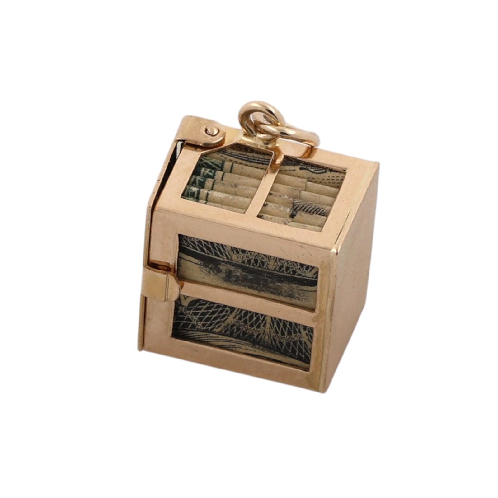 Vintage 14K Yellow Gold Mad Money Dollar Bill Cube Box Charm Pendant