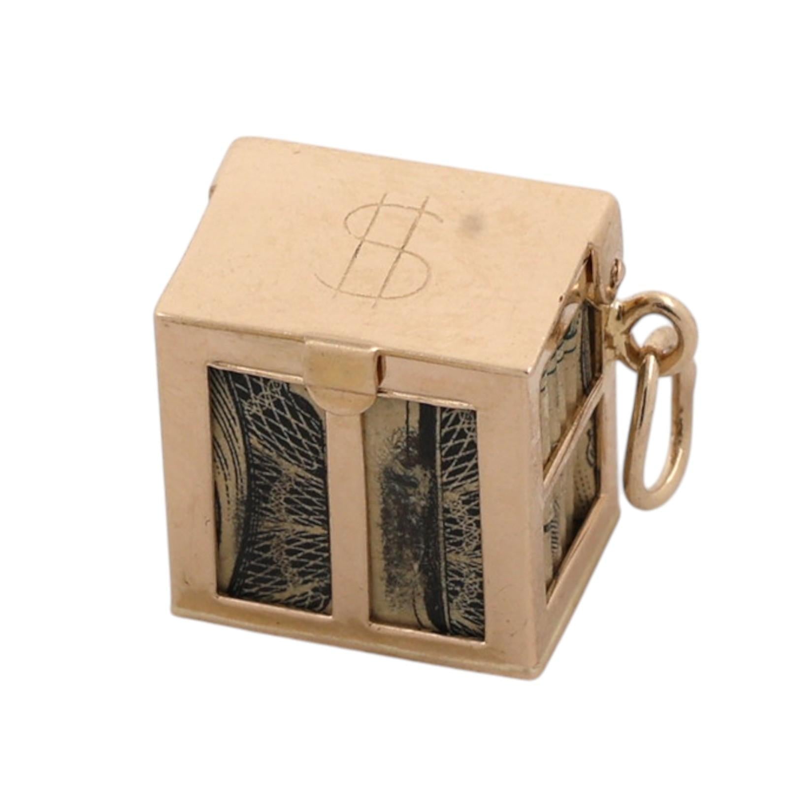 Vintage 14K Yellow Gold Mad Money Dollar Bill Cube Box Charm Pendant