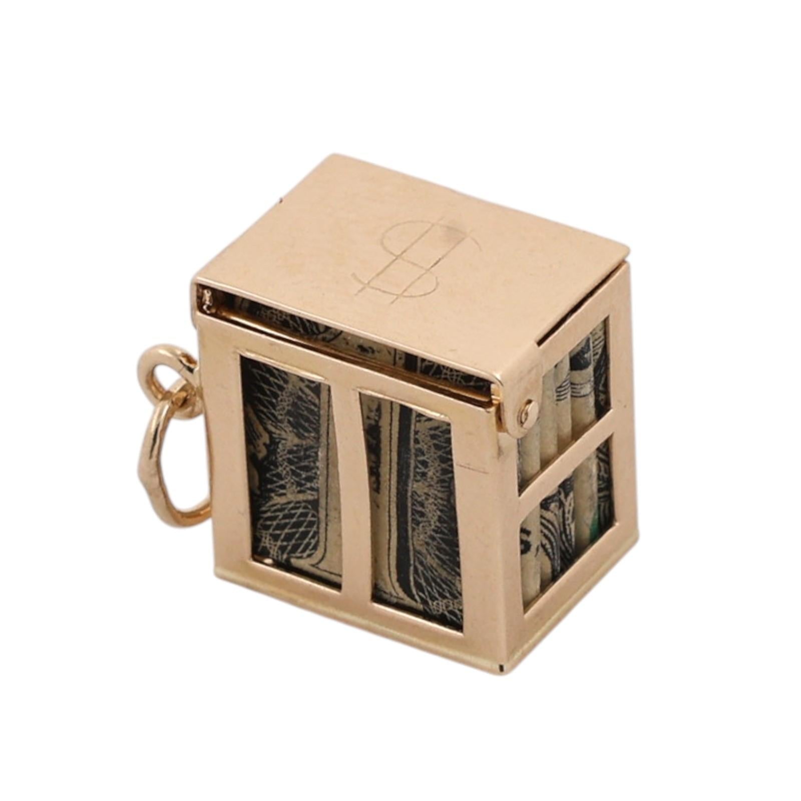 Vintage 14K Yellow Gold Mad Money Dollar Bill Cube Box Charm Pendant