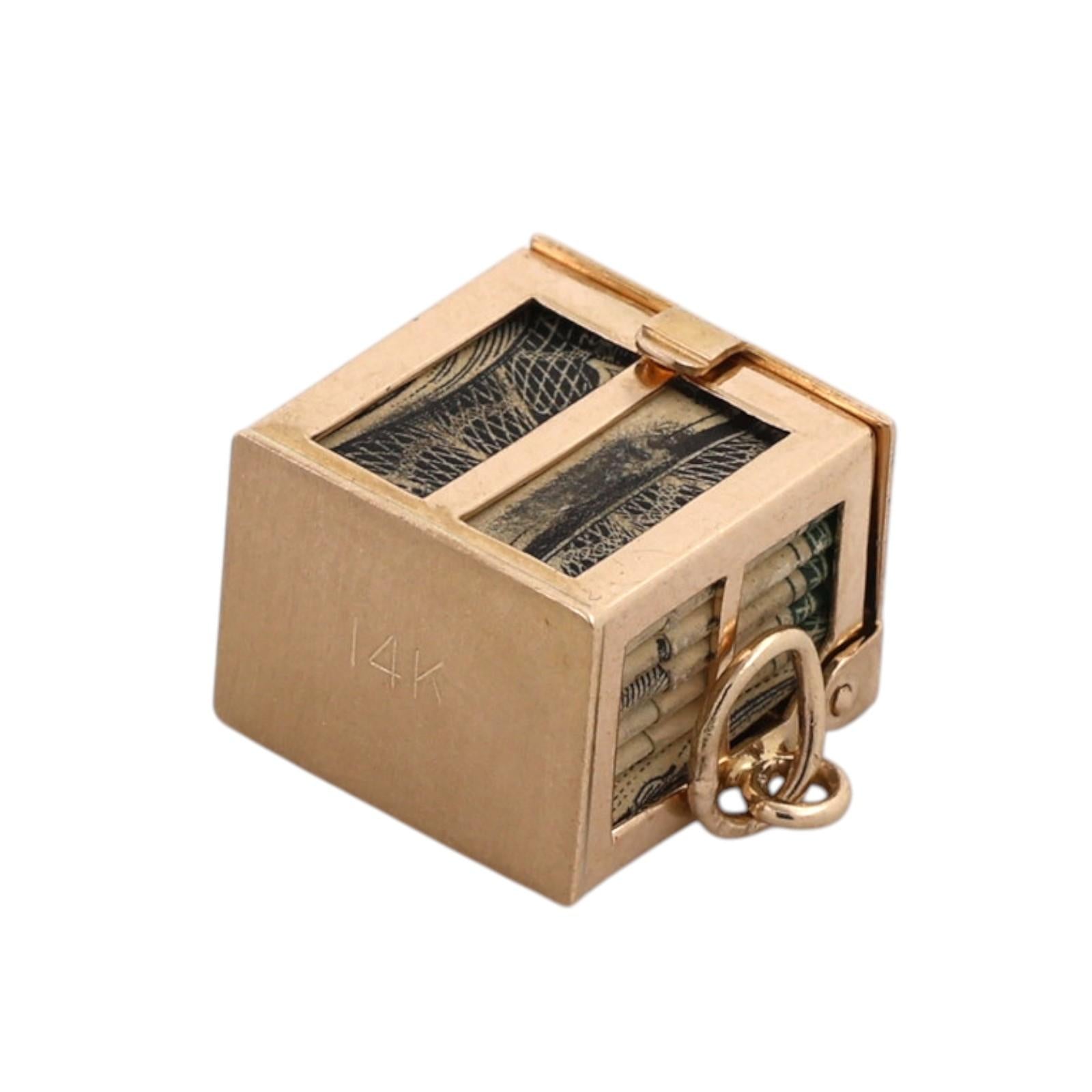Vintage 14K Yellow Gold Mad Money Dollar Bill Cube Box Charm Pendant