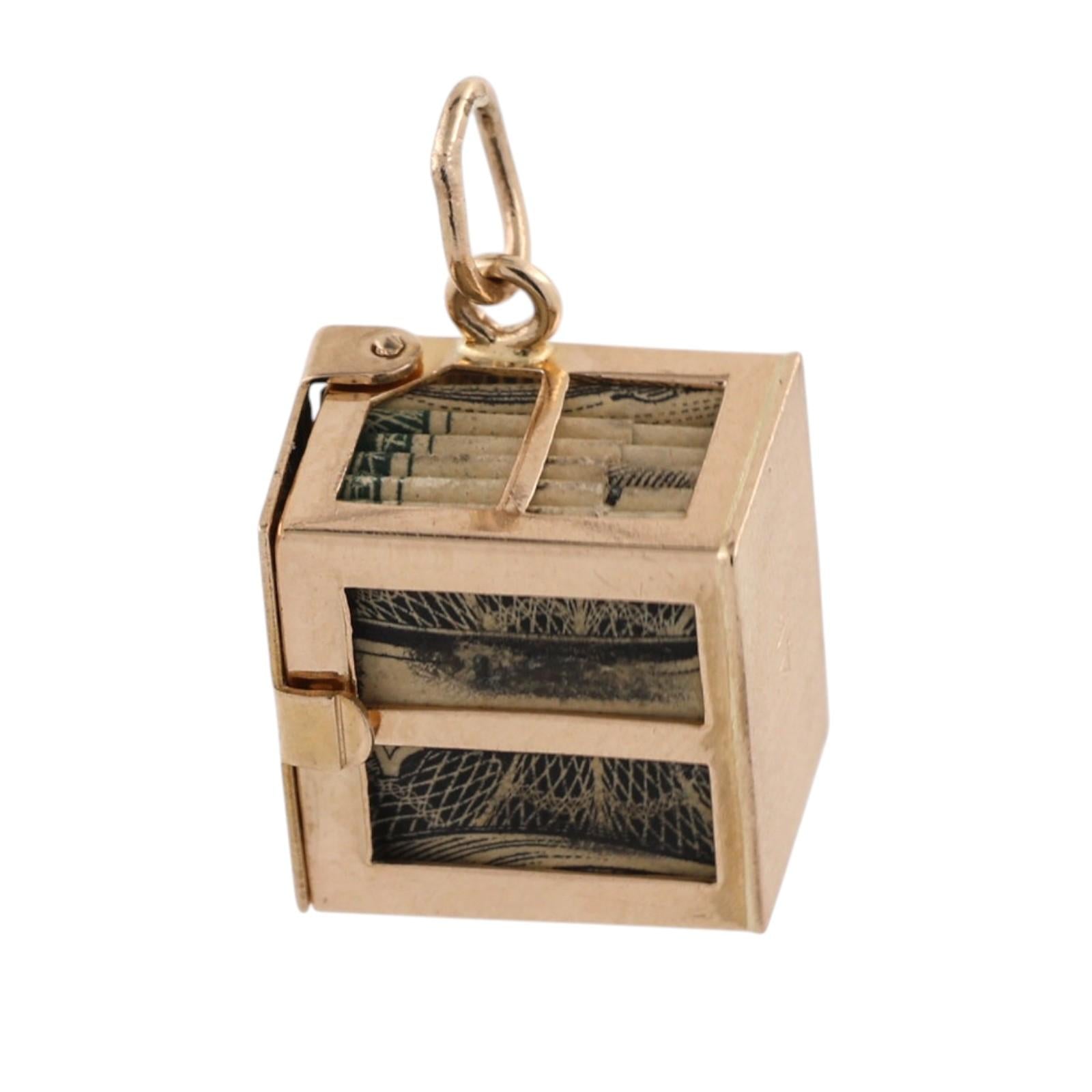 Vintage 14K Yellow Gold Mad Money Dollar Bill Cube Box Charm Pendant