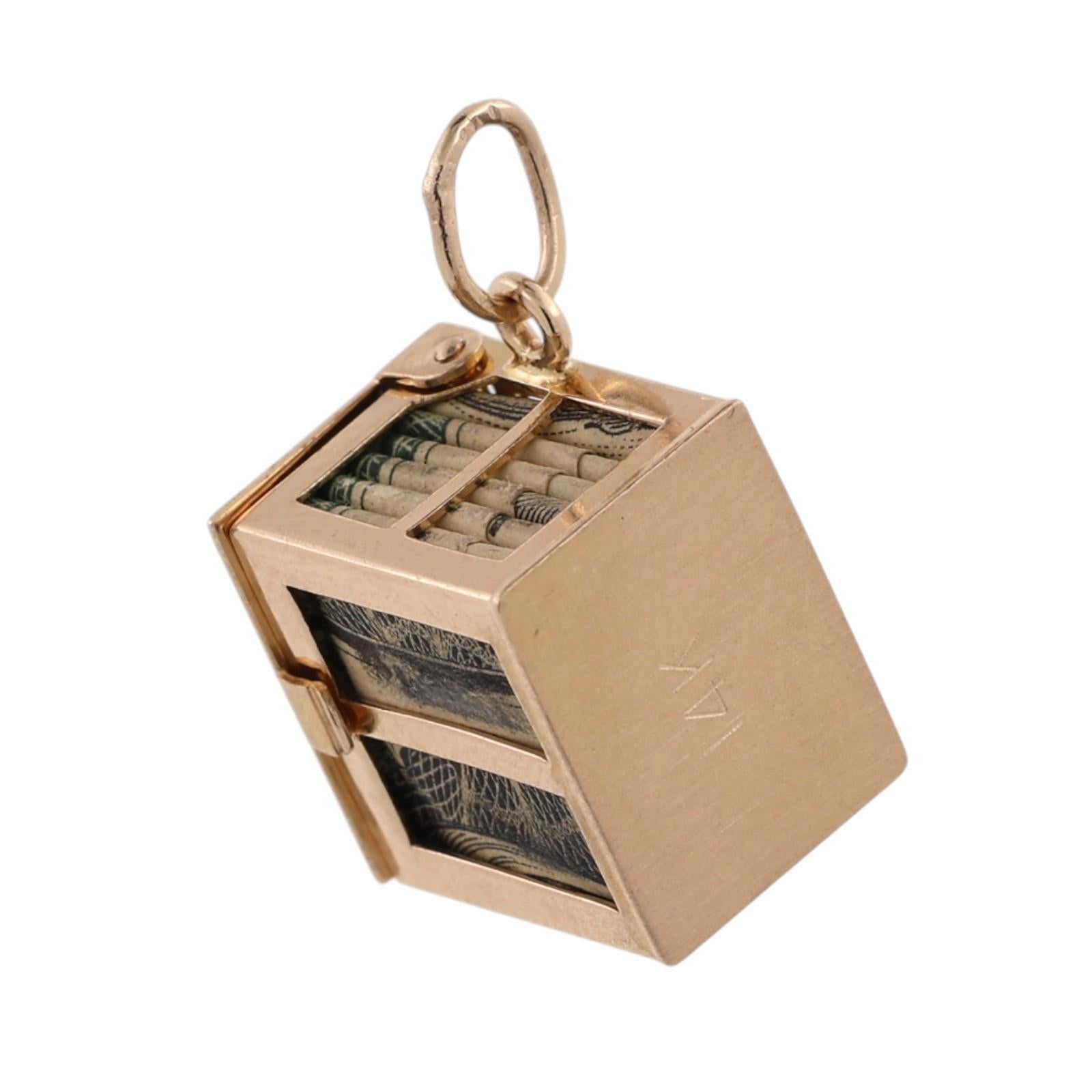 Vintage 14K Yellow Gold Mad Money Dollar Bill Cube Box Charm Pendant
