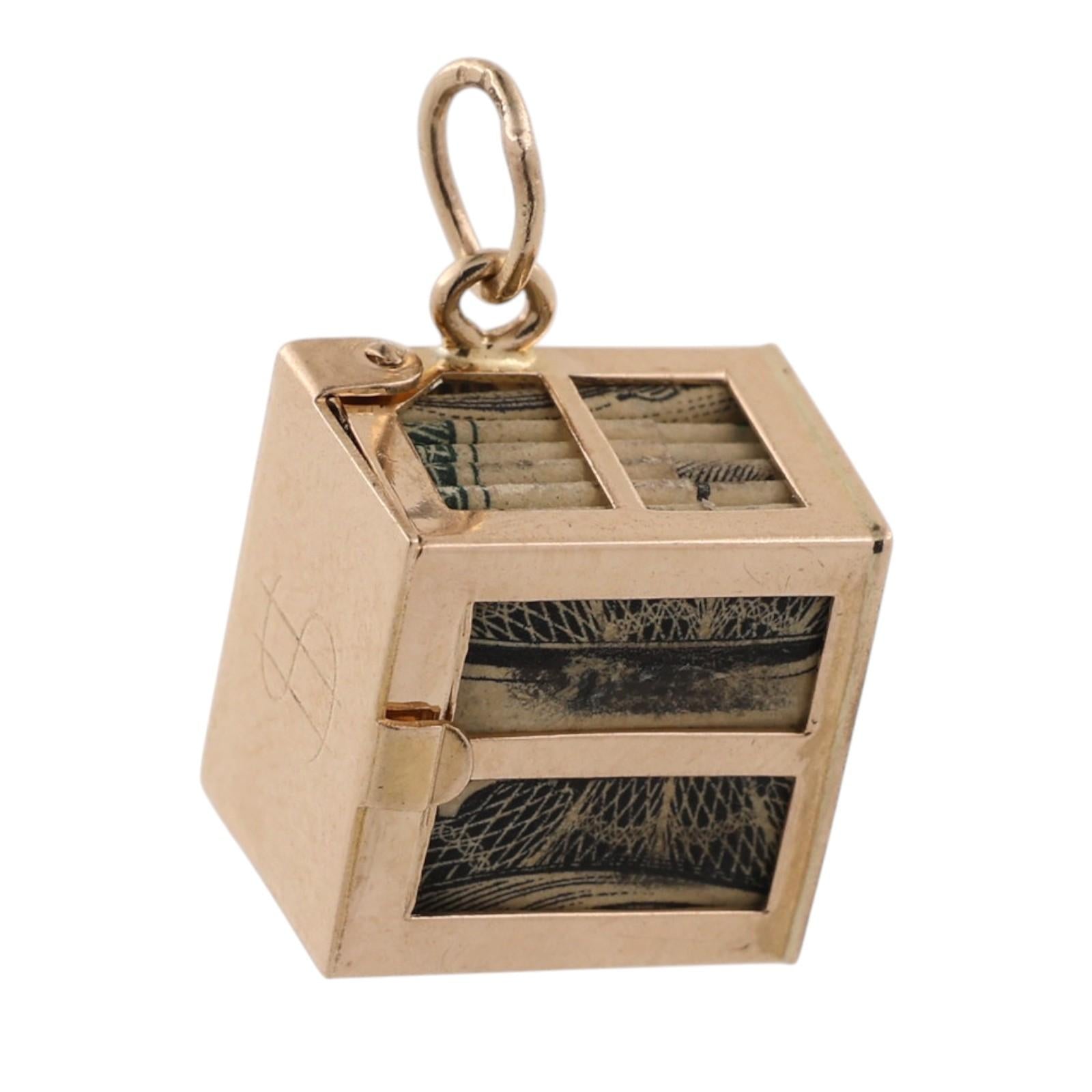 Vintage 14K Yellow Gold Mad Money Dollar Bill Cube Box Charm Pendant
