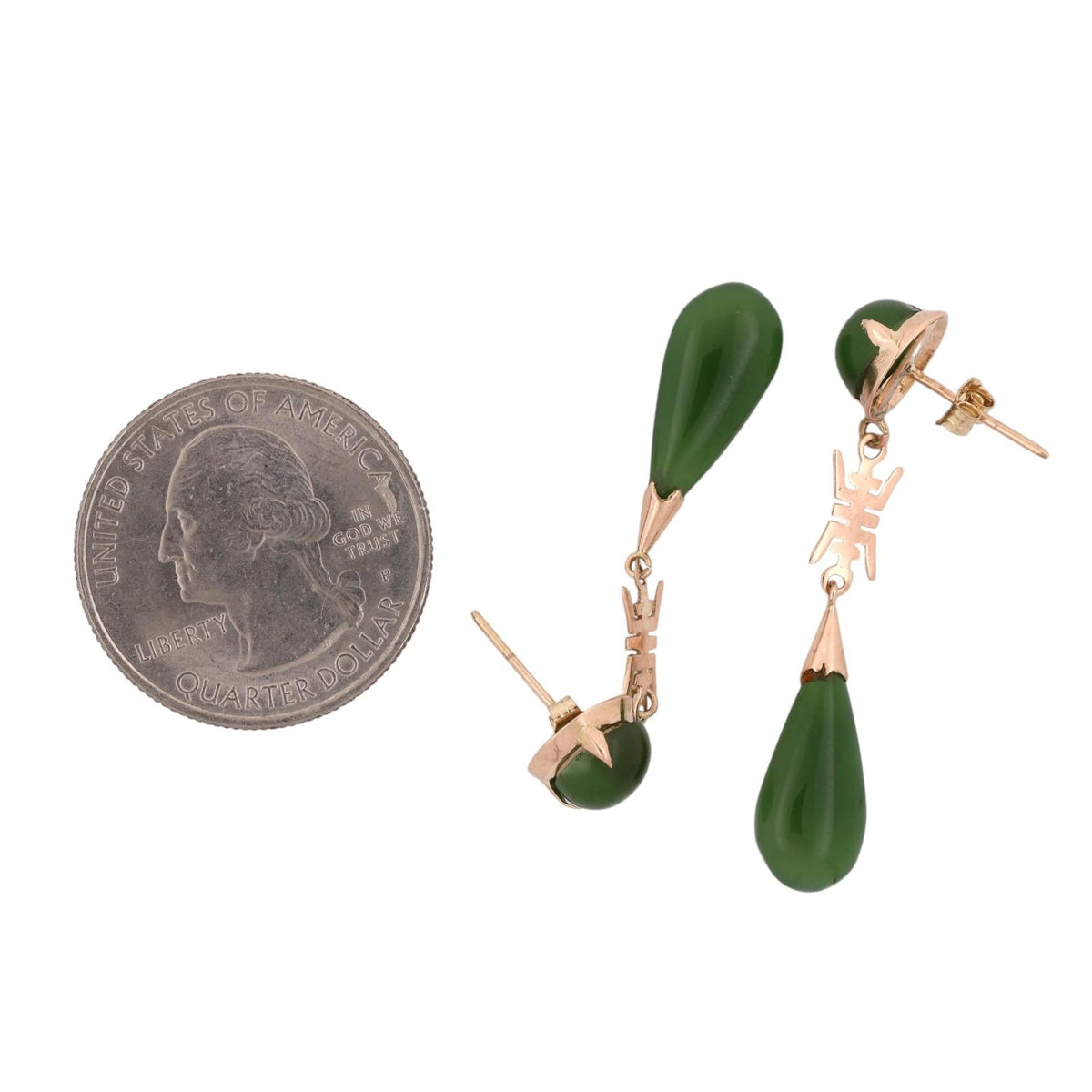 Nephrite Jade Drop Dangle Earrings 10K Yellow Gold Asian Motif Vintage