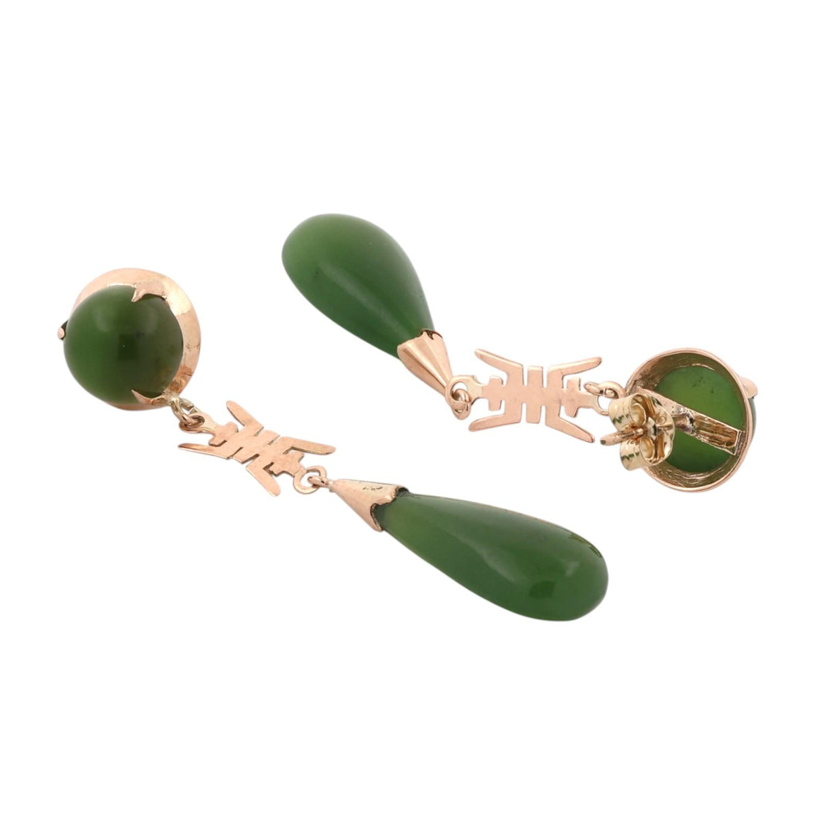 Nephrite Jade Drop Dangle Earrings 10K Yellow Gold Asian Motif Vintage