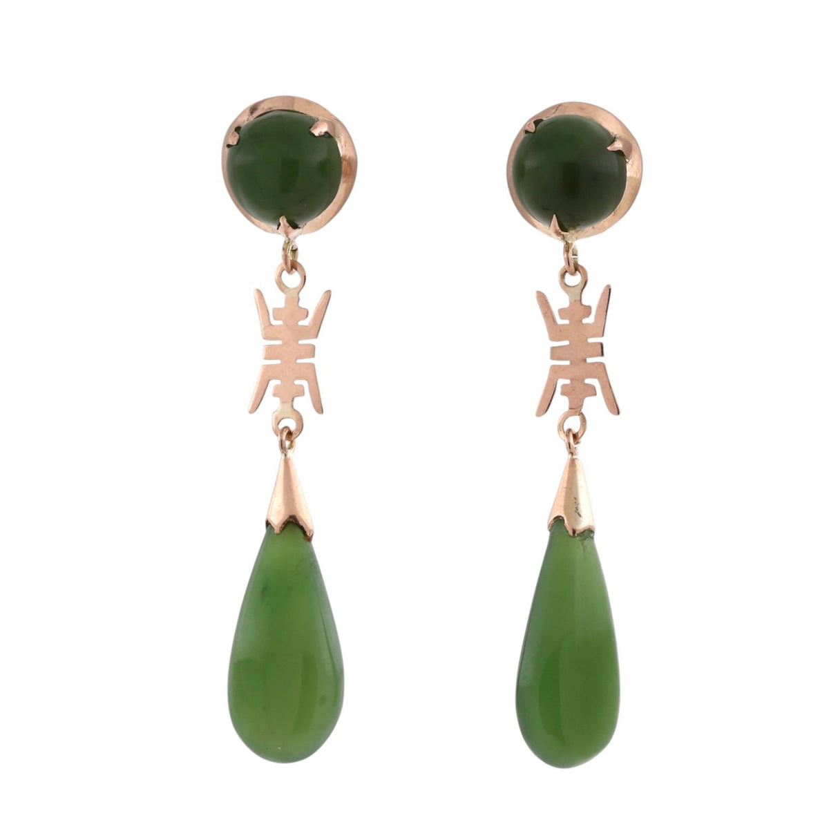 Nephrite Jade Drop Dangle Earrings 10K Yellow Gold Asian Motif Vintage