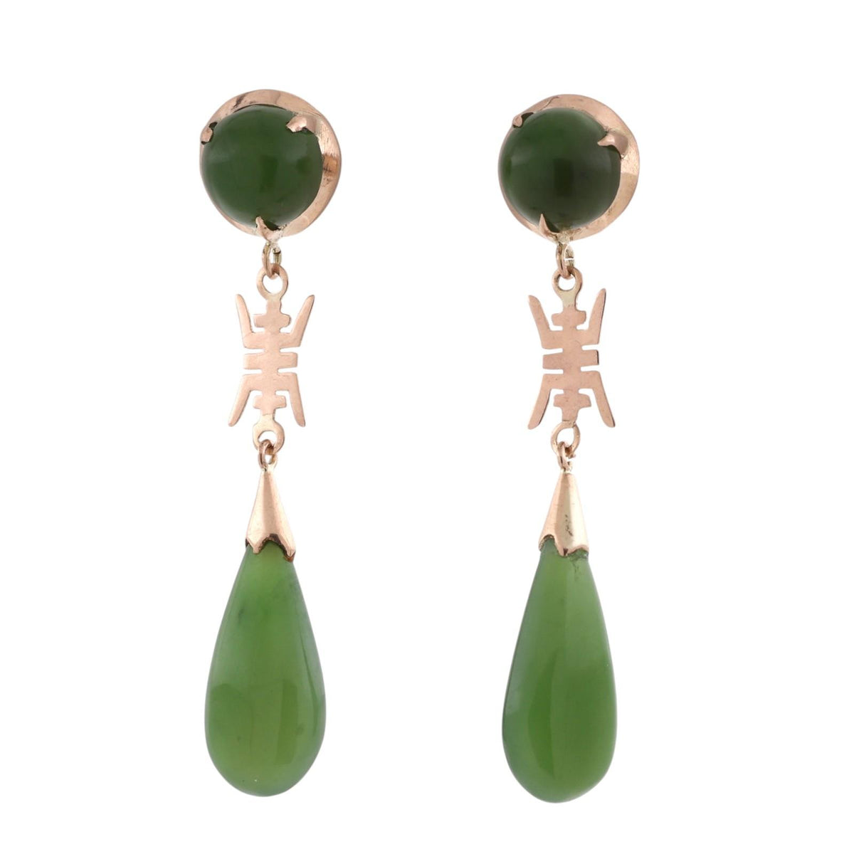 Nephrite Jade Drop Dangle Earrings 10K Yellow Gold Asian Motif Vintage