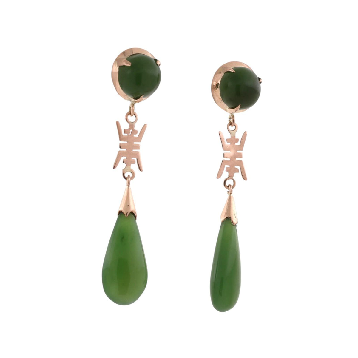 Nephrite Jade Drop Dangle Earrings 10K Yellow Gold Asian Motif Vintage